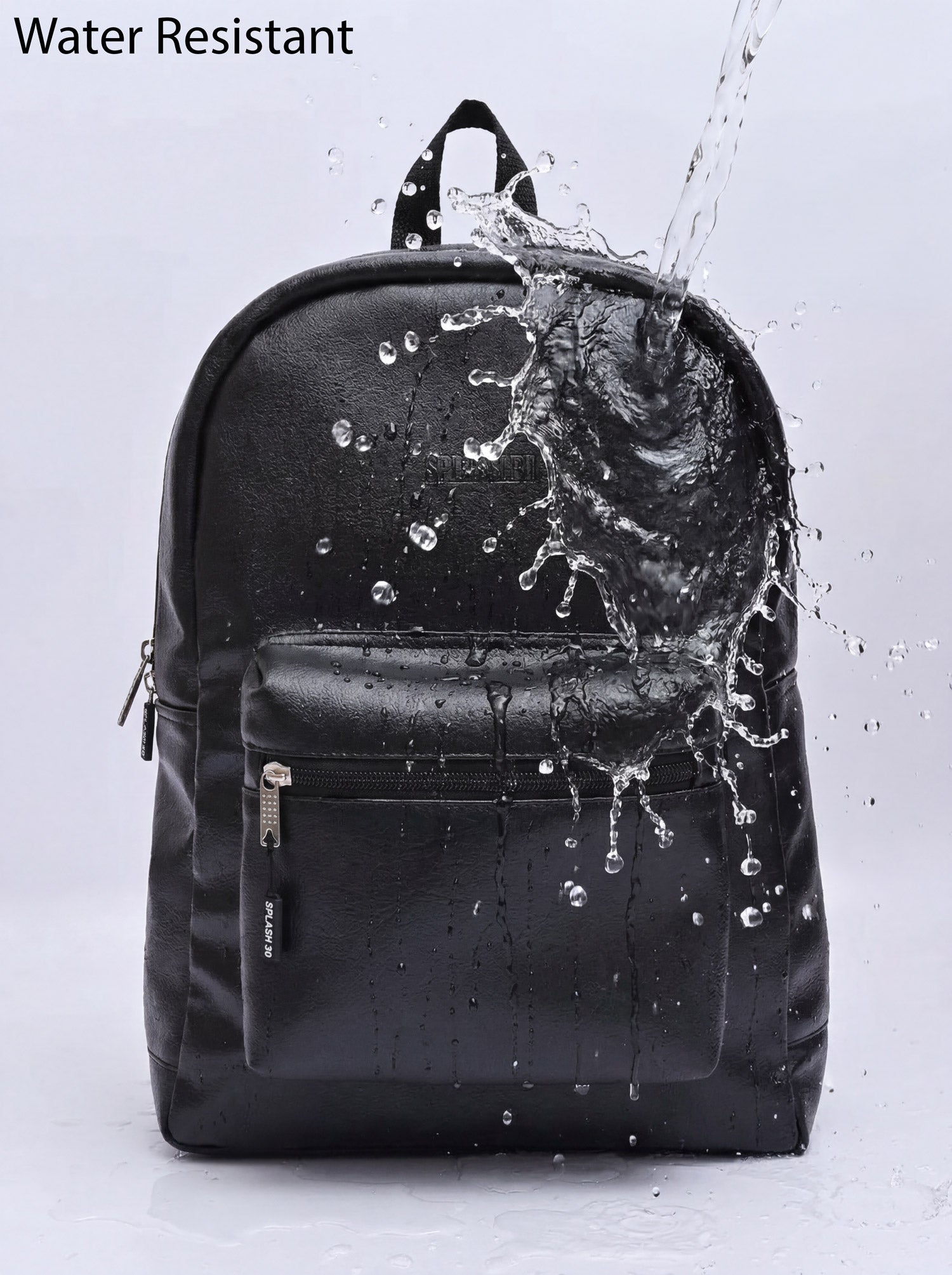 Splash30 Black Leather Backpack 30L water resistant test with water splashing on PU leather