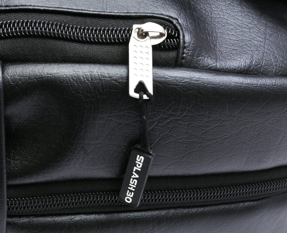 Close-up of Splash30 branded zipper pull on black PU leather backpack