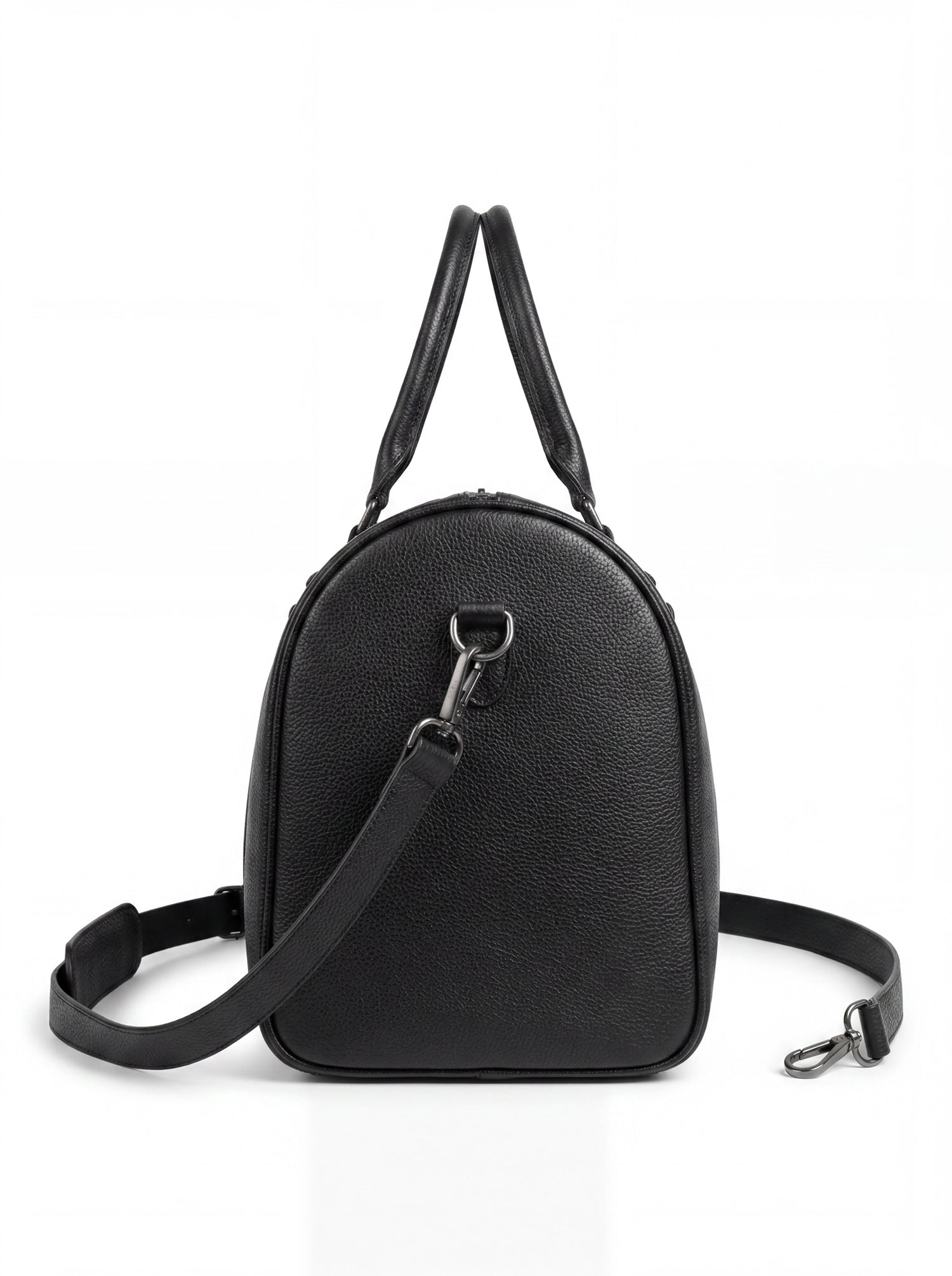 Splash30 Black Leather Duffle Bag 40L back view showing detachable shoulder strap and metal clasp hardware