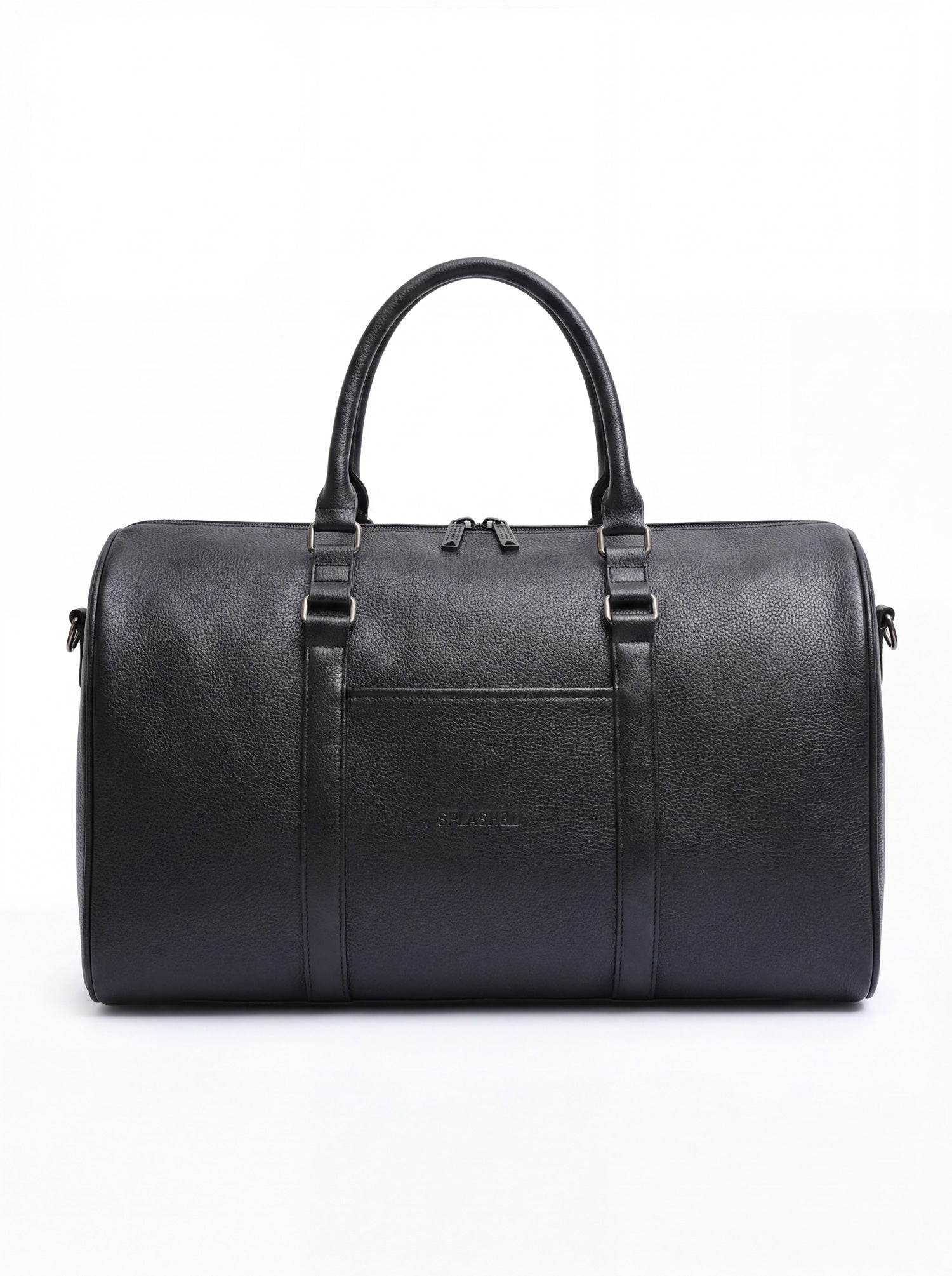 Splash30 Black Leather Duffle Bag 40L front view on dark background