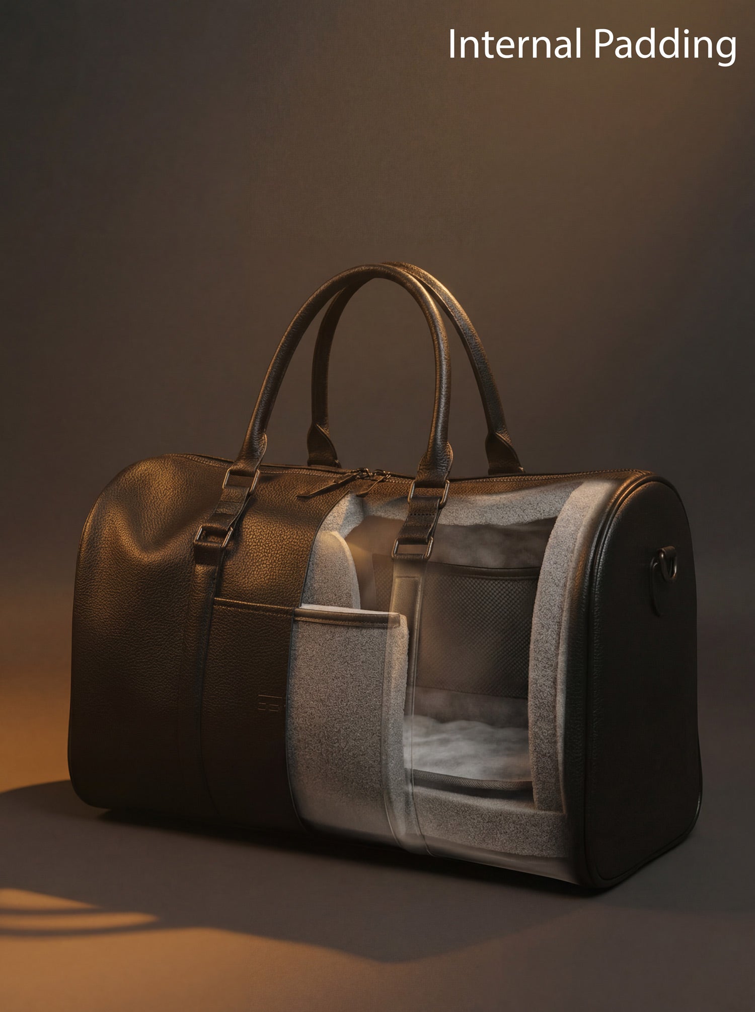 Splash30 Black Leather Duffle Bag 40L internal foam padding layer shown through transparent cutaway view