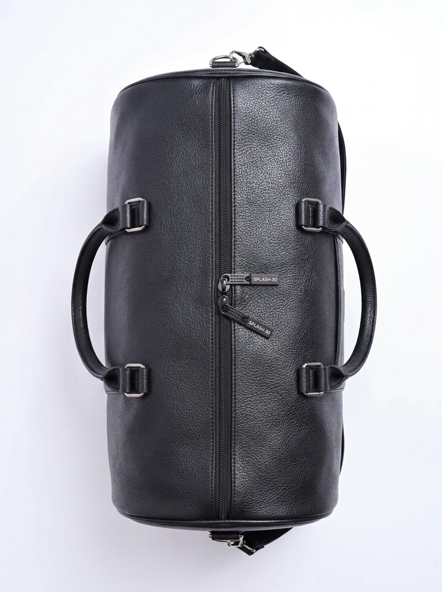 Splash30 Black Leather Duffle Bag 40L top view showing cylindrical shape, dual handles and front zip pocket