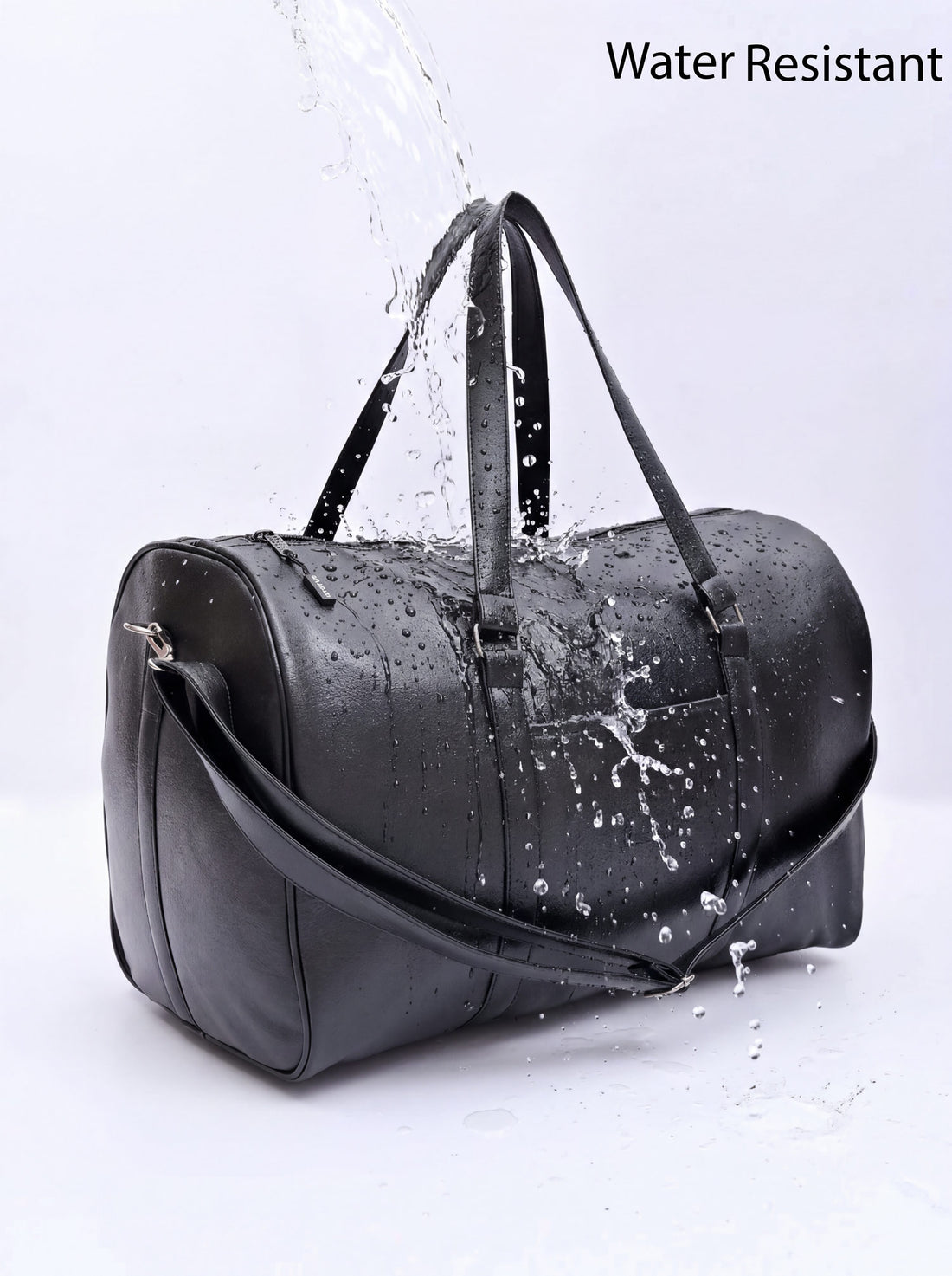 Splash30 Black Leather Duffle Bag 40L front view on dark background
