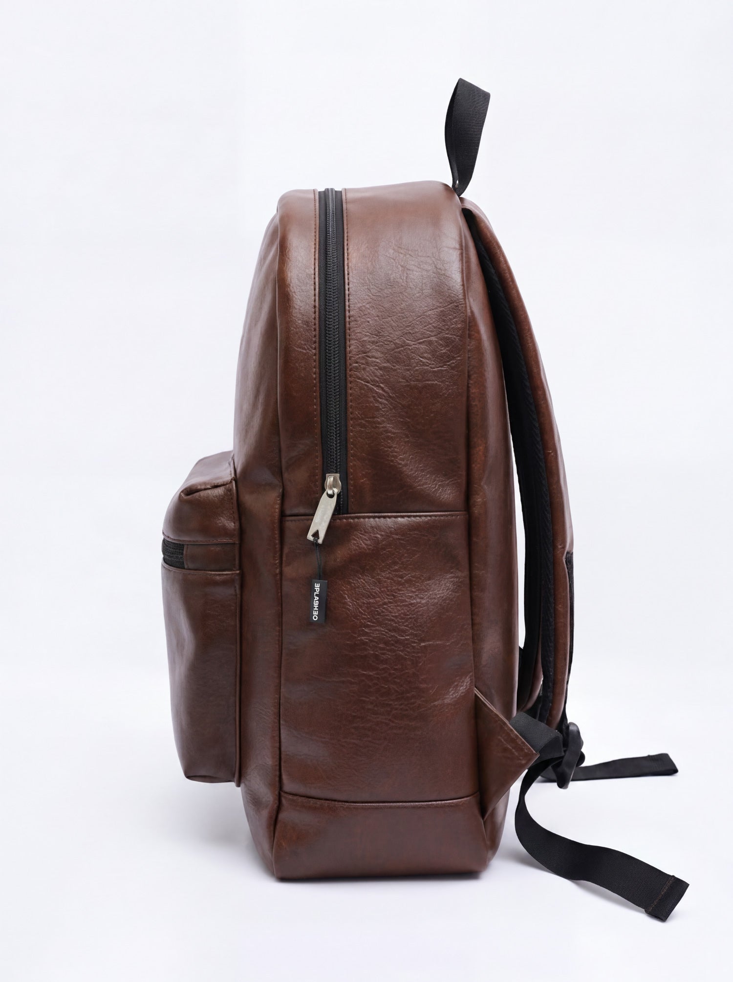 Splash30 Brown Leather Backpack 30L angled view showing front pocket and straps