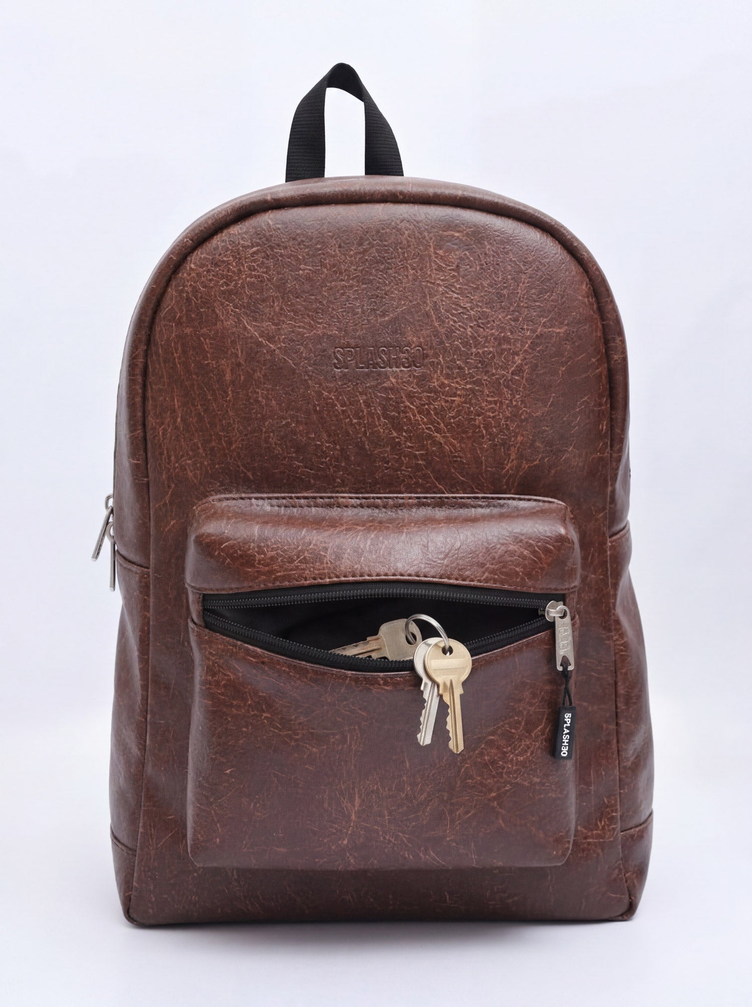 Splash30 Brown Leather Backpack 30L front zip pocket open showing keys and quick access storage
