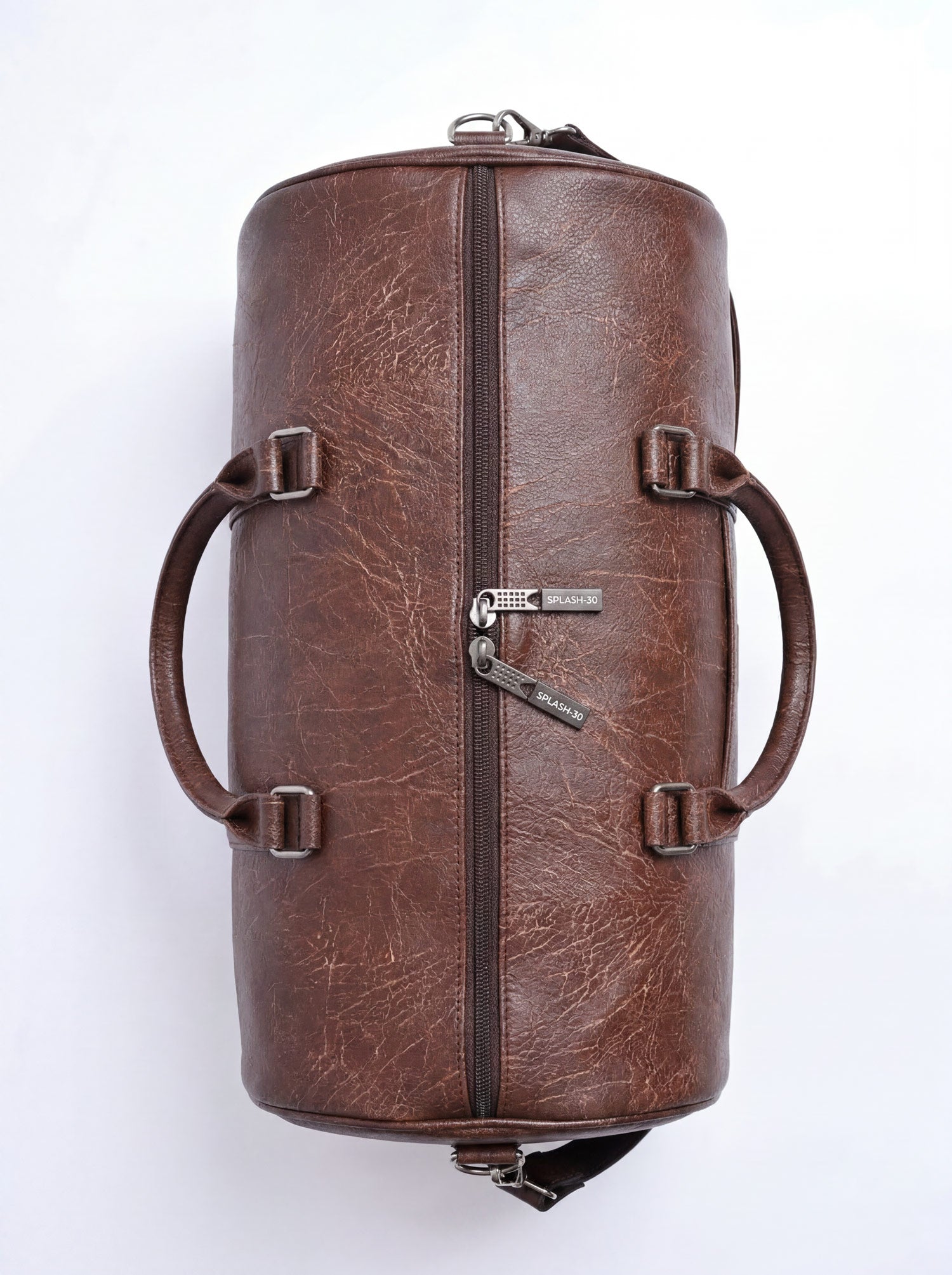 Splash30 Brown Leather Duffle Bag 40L angled view showing handles and zip