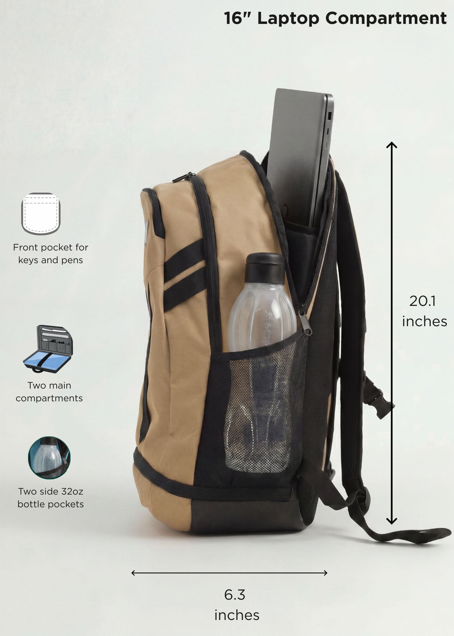 Beige Splash 30 Everyday backpack side view with dimensions and labeled features — 31L capacity, 20.1" tall × 6.3" deep, 16" laptop compartment, two main compartments, two side 32oz bottle pockets, front pocket for keys and pens