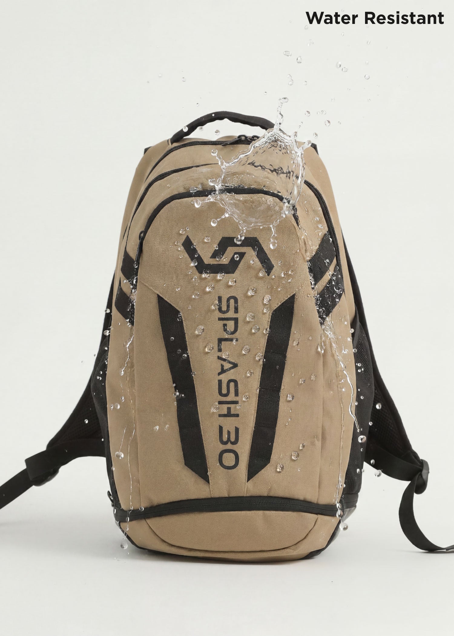 Beige Splash 30 Everyday backpack with water splashing on it, demonstrating the water-resistant fabric — keeps essentials dry
