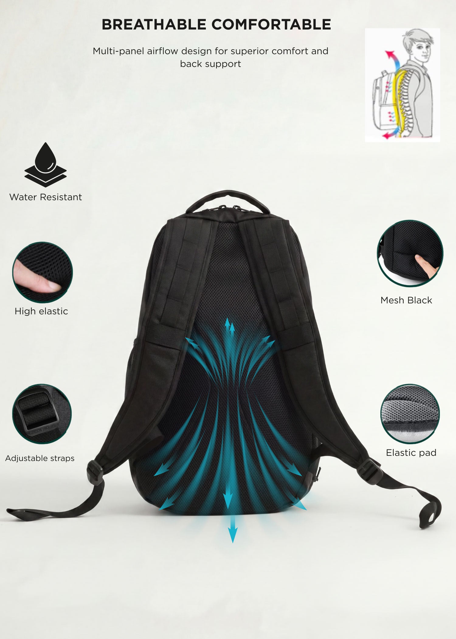 Back view of the black Splash 30 Everyday backpack highlighting breathable multi-panel airflow design — water-resistant fabric, high-elastic straps, adjustable buckles, elastic pad and mesh back panel for back support