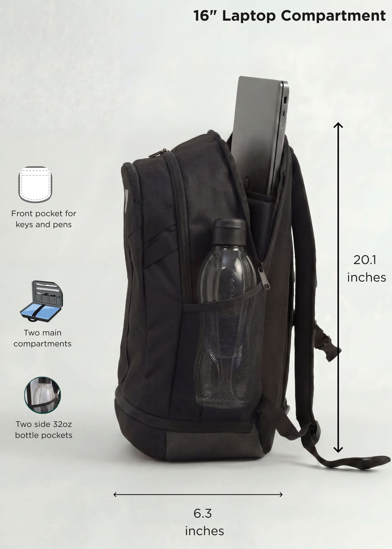 Black Splash 30 Everyday backpack side view with dimensions and labeled features — 31L capacity, 20.1" tall × 6.3" deep, 16" laptop compartment, two main compartments, two side 32oz bottle pockets, front pocket for keys and pens
