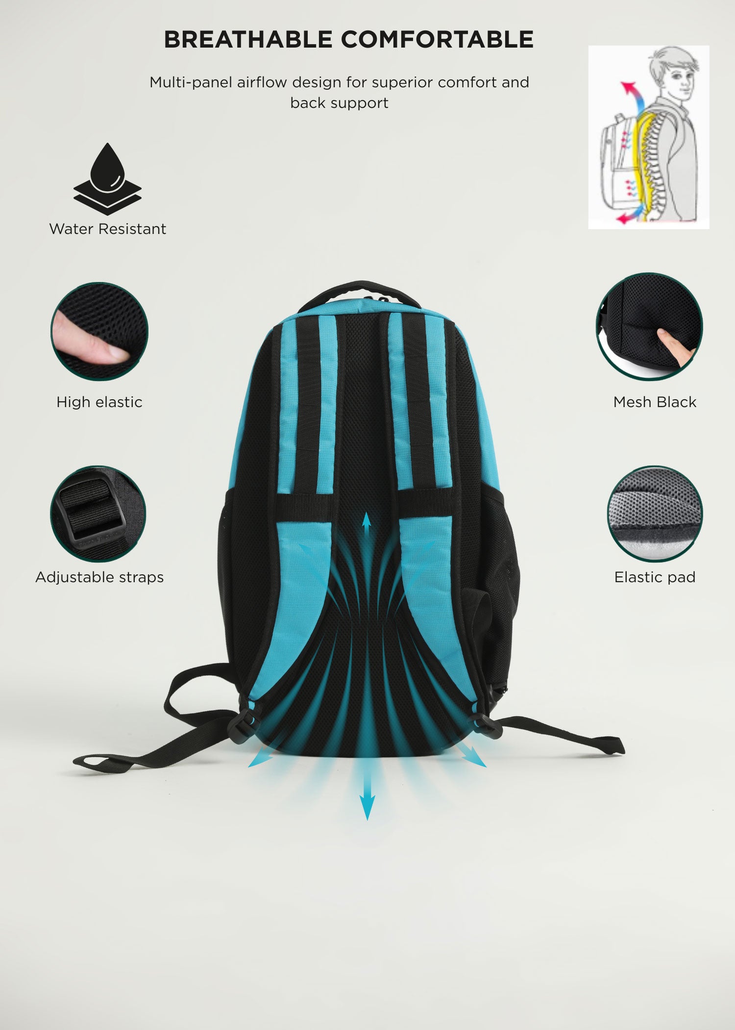 Back view of the blue Splash 30 Everyday backpack highlighting breathable multi-panel airflow design — water-resistant fabric, high-elastic straps, adjustable buckles, elastic pad and mesh back panel for back support