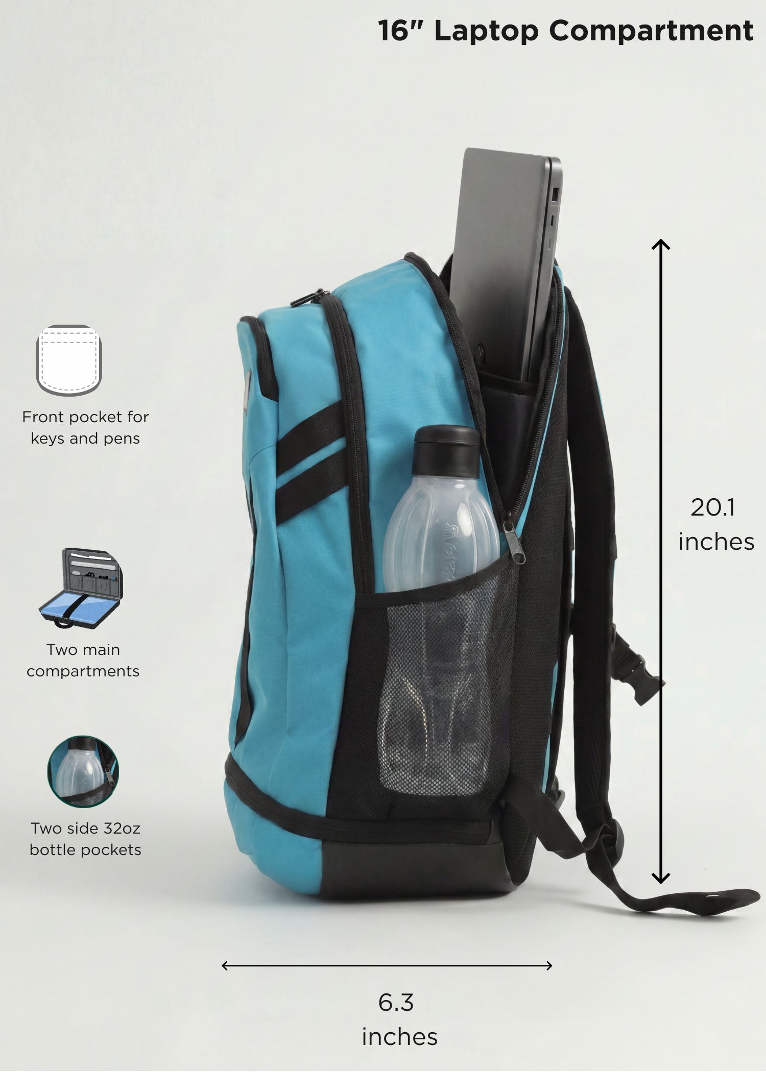 Blue Splash 30 Everyday backpack side view with dimensions and labeled features — 31L capacity, 20.1" tall × 6.3" deep, 16" laptop compartment, two main compartments, two side 32oz bottle pockets, front pocket for keys and pens
