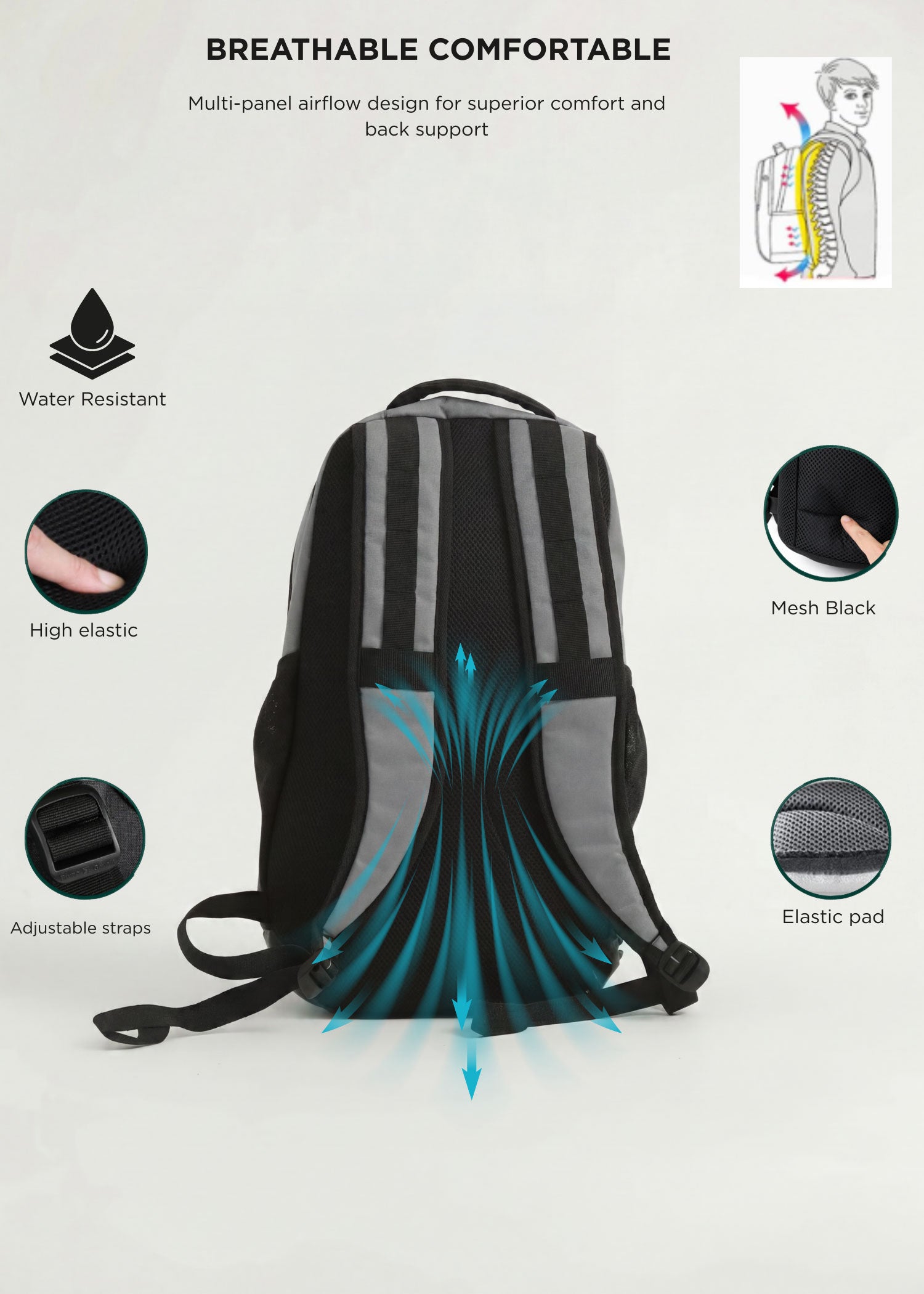 Back view of the gray Splash 30 Everyday backpack highlighting breathable multi-panel airflow design — water-resistant fabric, high-elastic straps, adjustable buckles, elastic pad and mesh back panel for back support
