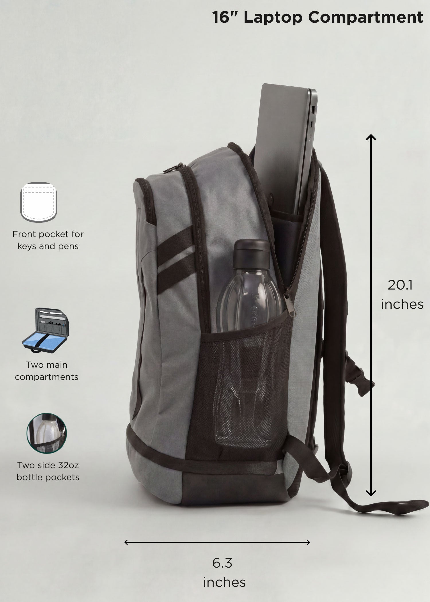 Gray Splash 30 Everyday backpack side view with dimensions and labeled features — 31L capacity, 20.1" tall × 6.3" deep, 16" laptop compartment, two main compartments, two side 32oz bottle pockets, front pocket for keys and pens