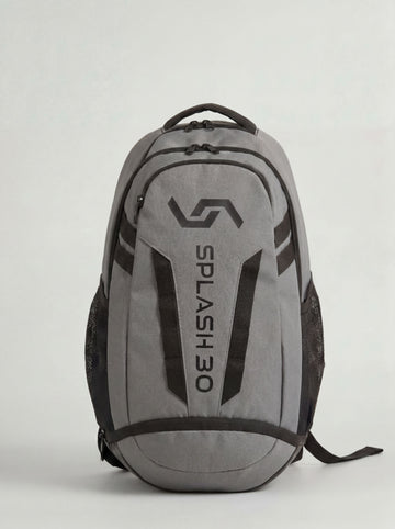 Splash 30 Everyday backpack 31L in gray with black detailing, front view showing zip compartments and Splash logo