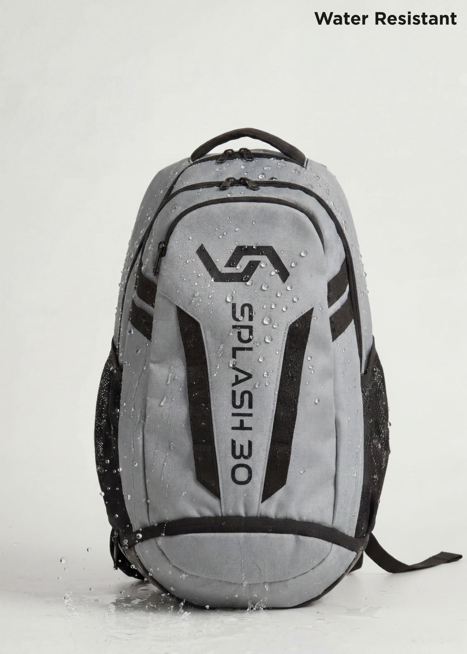 Gray Splash 30 Everyday backpack with water droplets on it, demonstrating the water-resistant fabric — keeps essentials dry