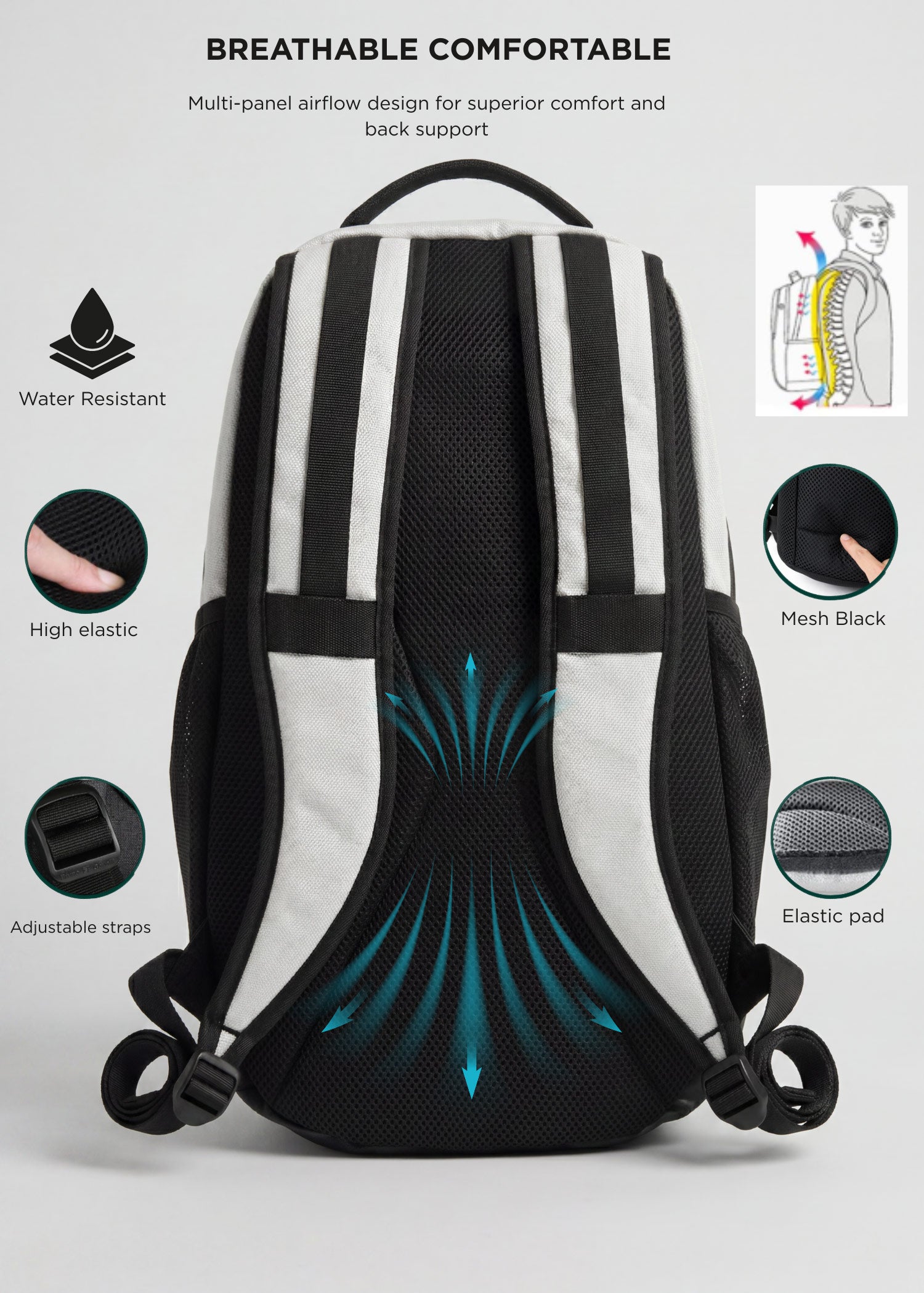 White Splash 30 Everyday backpack — back view showing water resistant fabric, elastic straps, adjustable buckles and breathable mesh panel