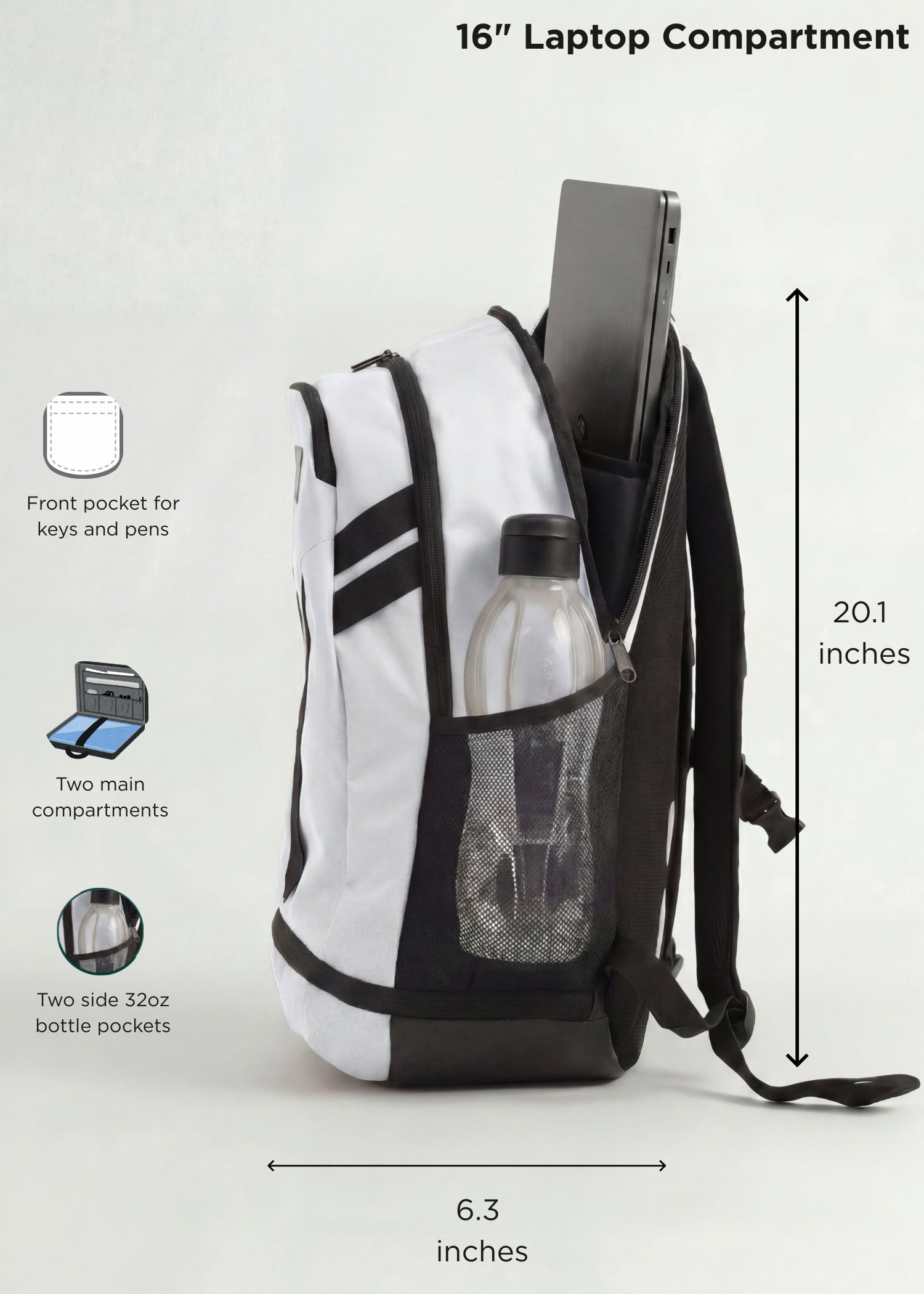 White Splash 30 Everyday backpack side view with dimensions and labeled features — 31L capacity, 20.1" tall × 6.3" deep, 16" laptop compartment, two main compartments, two side 32oz bottle pockets, front pocket for keys and pens