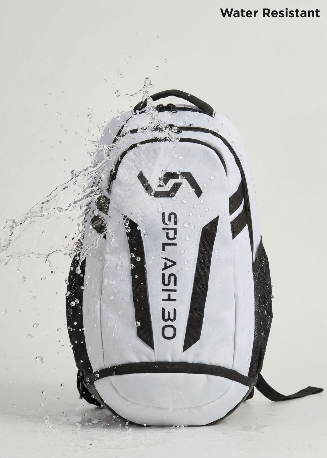  White Splash 30 Everyday backpack 31L, front view with multiple zip compartments