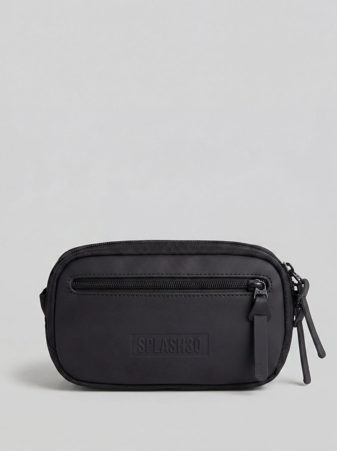 Splash30 Everyday Waist Pack black front view showing embossed logo on matte PVC