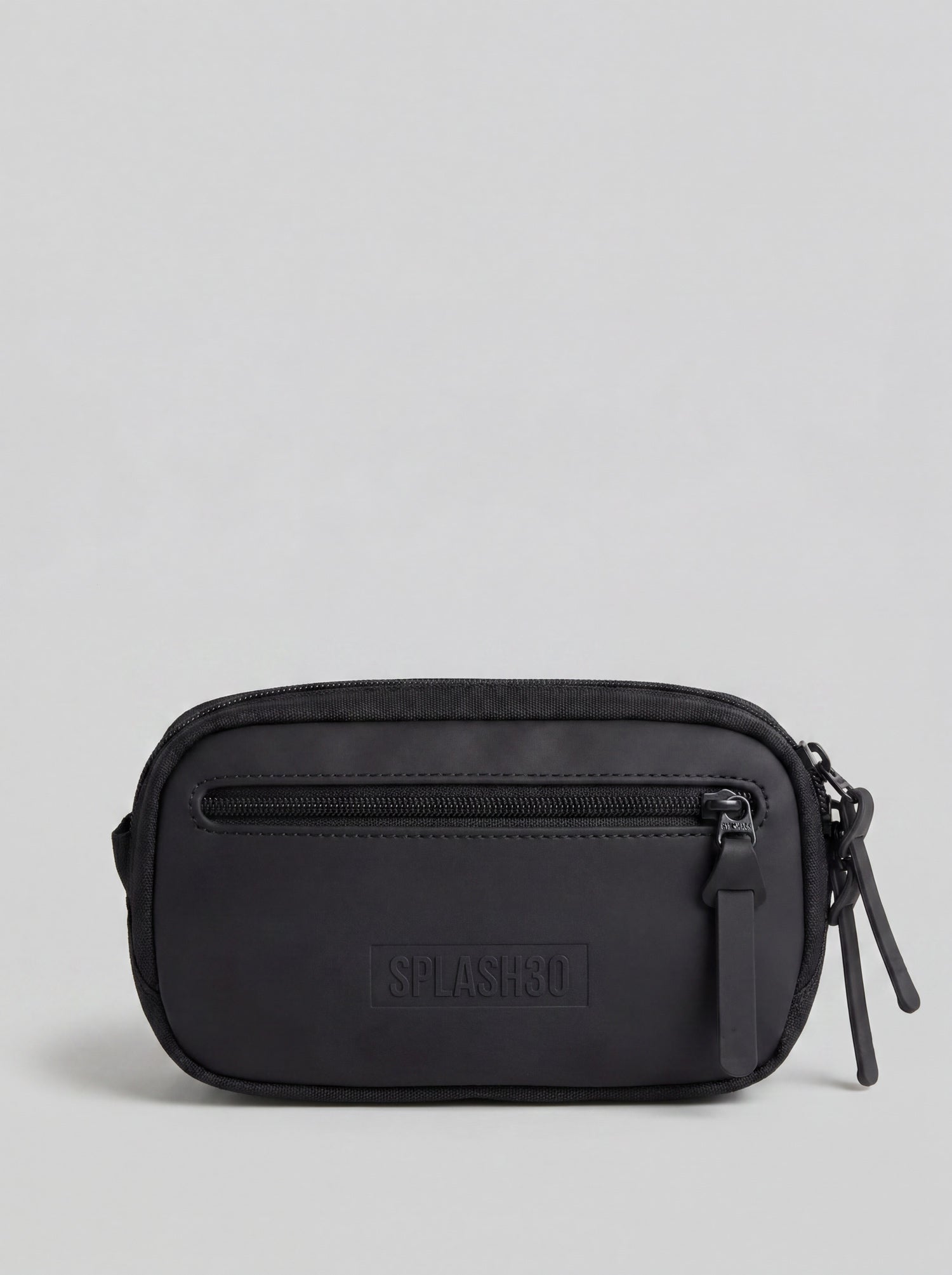 Splash30 Everyday Waist Pack black front view showing embossed logo on matte PVC