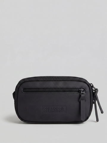 Splash30 Everyday Waist Pack black front view showing embossed logo on matte PVC