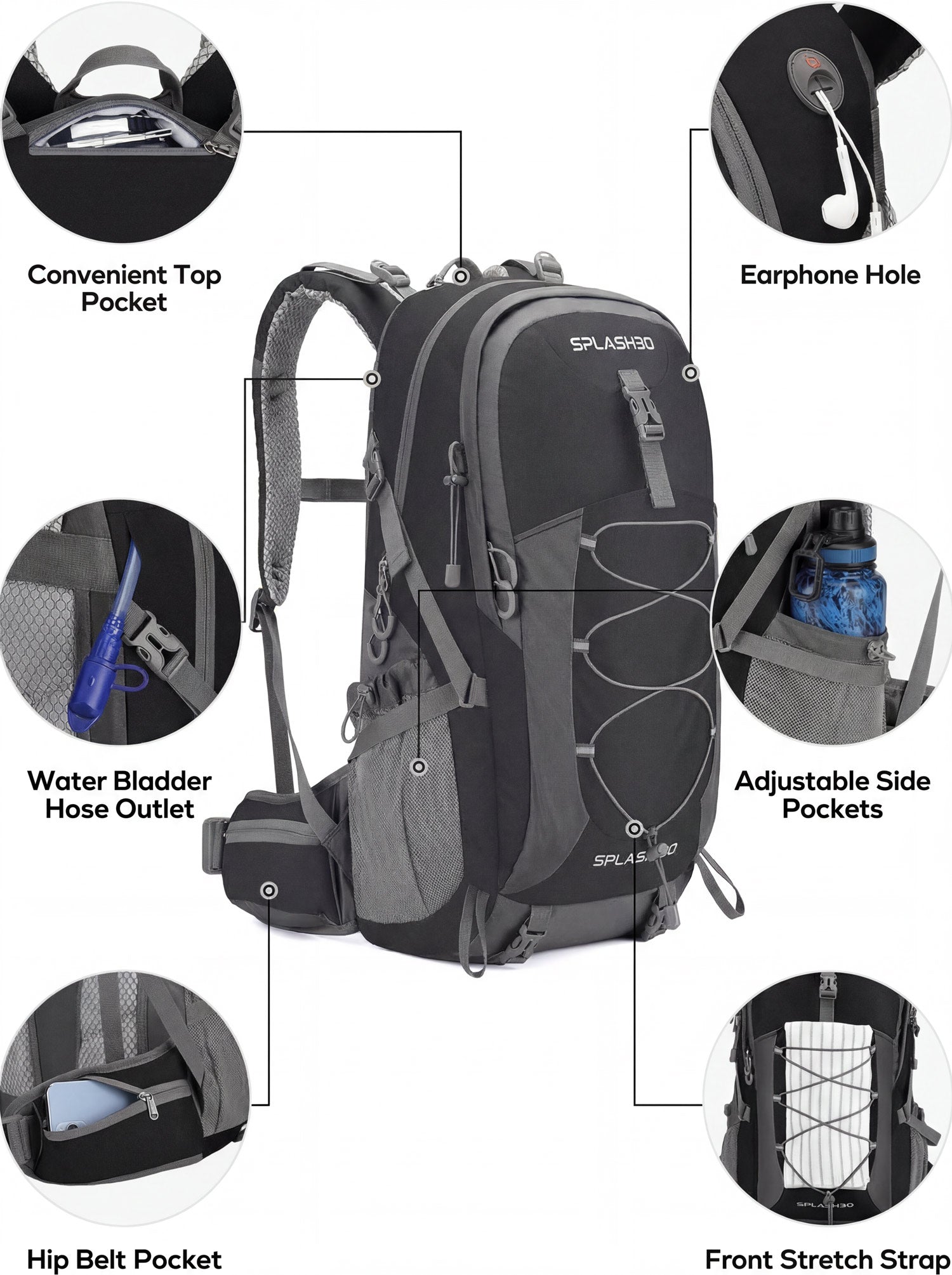 Splash30 Hiking Backpack 45L black shown from multiple angles including front back side and detail views
