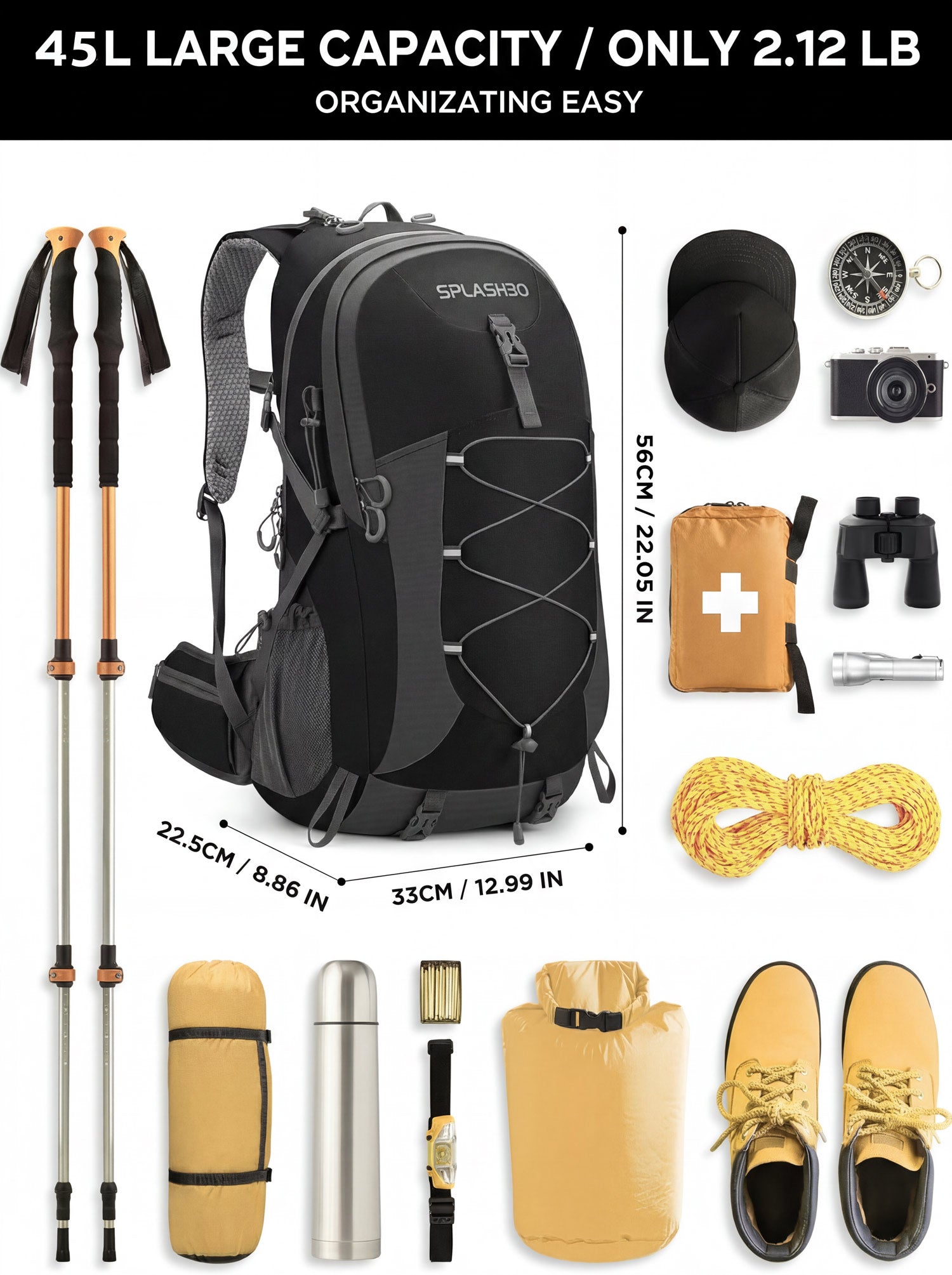 Splash30 Hiking Backpack 45L black features infographic showing 45L capacity compartments and compatible gear