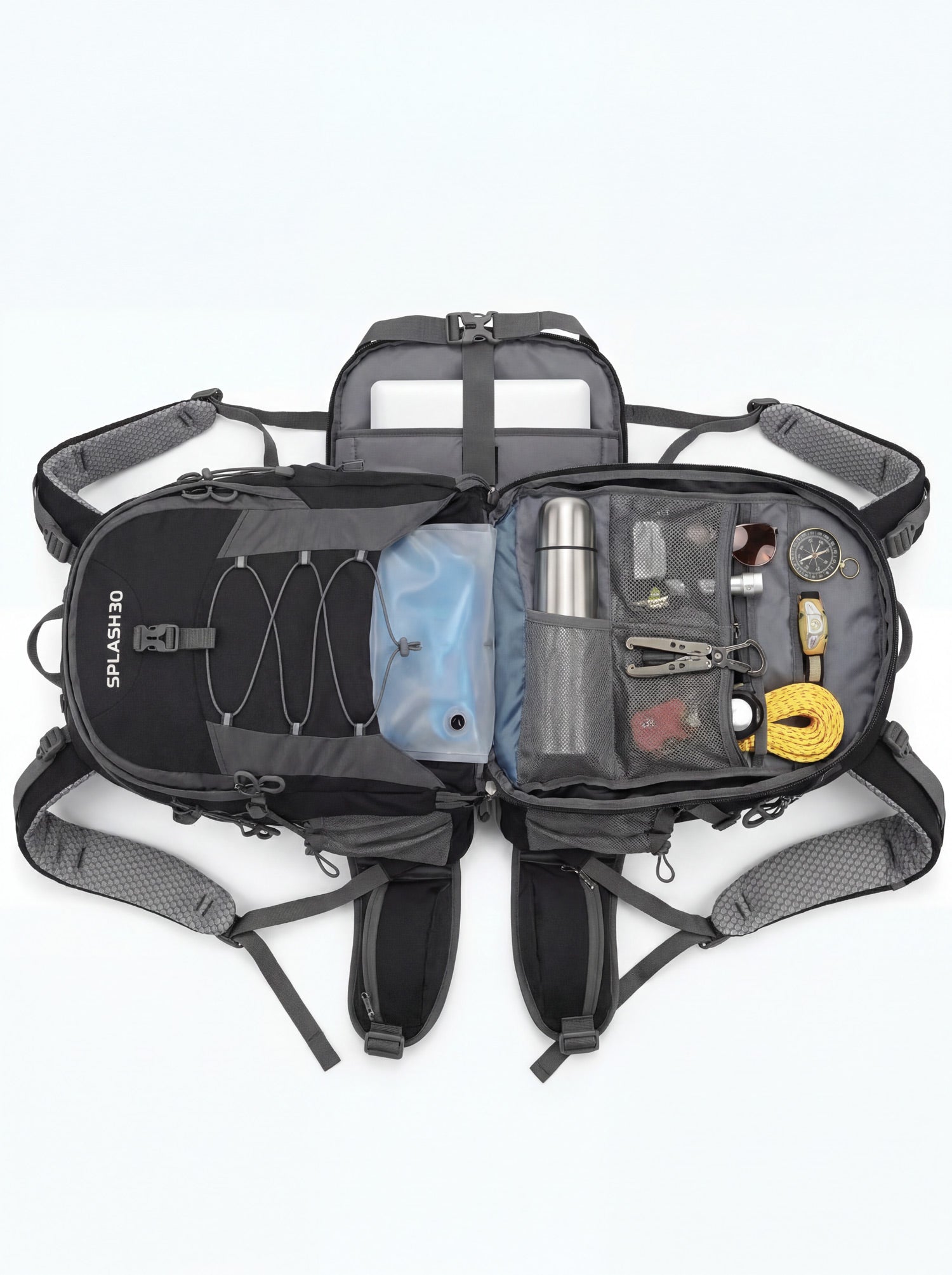 Splash30 Hiking Backpack 45L black open top view showing interior compartments packed with hiking gear including hydration bladder thermos compass and multi-tool