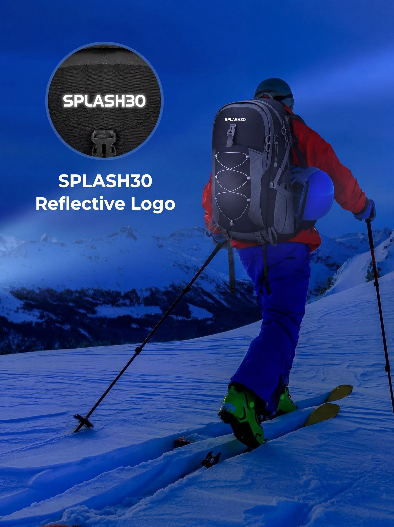 Splash30 Hiking Backpack 45L black worn by skier on snowy mountain slope showing reflective Splash30 logo detail in low light conditions