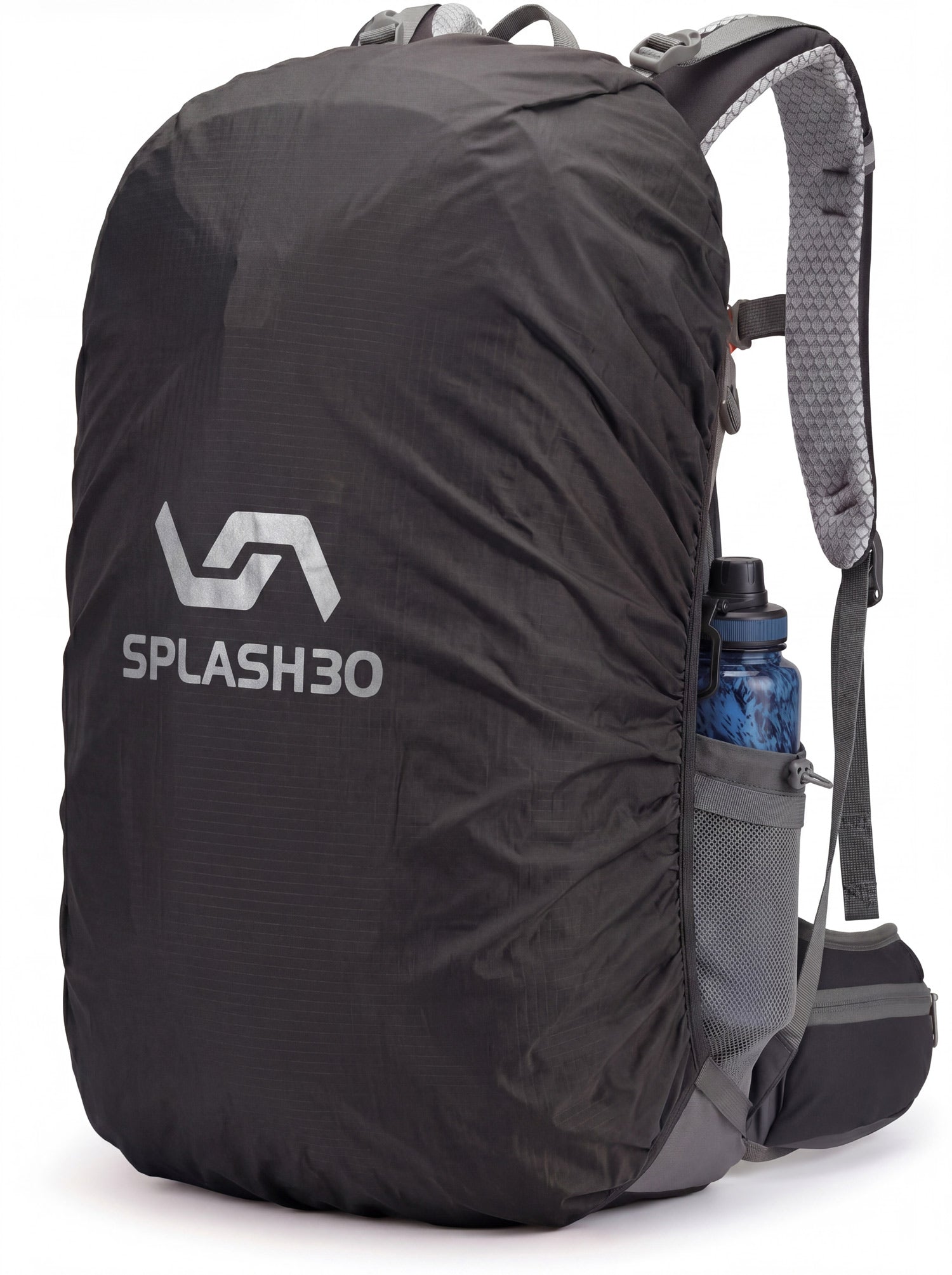 Splash30 Hiking Backpack 45L black with rain cover deployed showing reflective Splash30 logo and side water bottle pocket