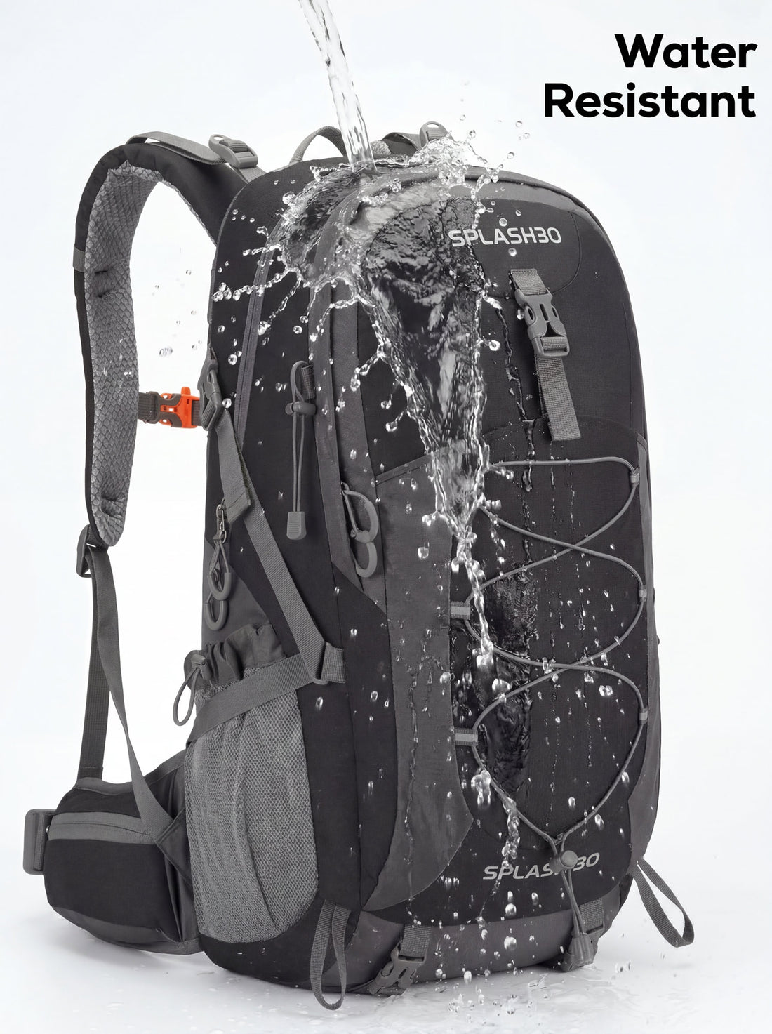 Splash30 Hiking Backpack 45L black front view showing main compartment and shoulder straps