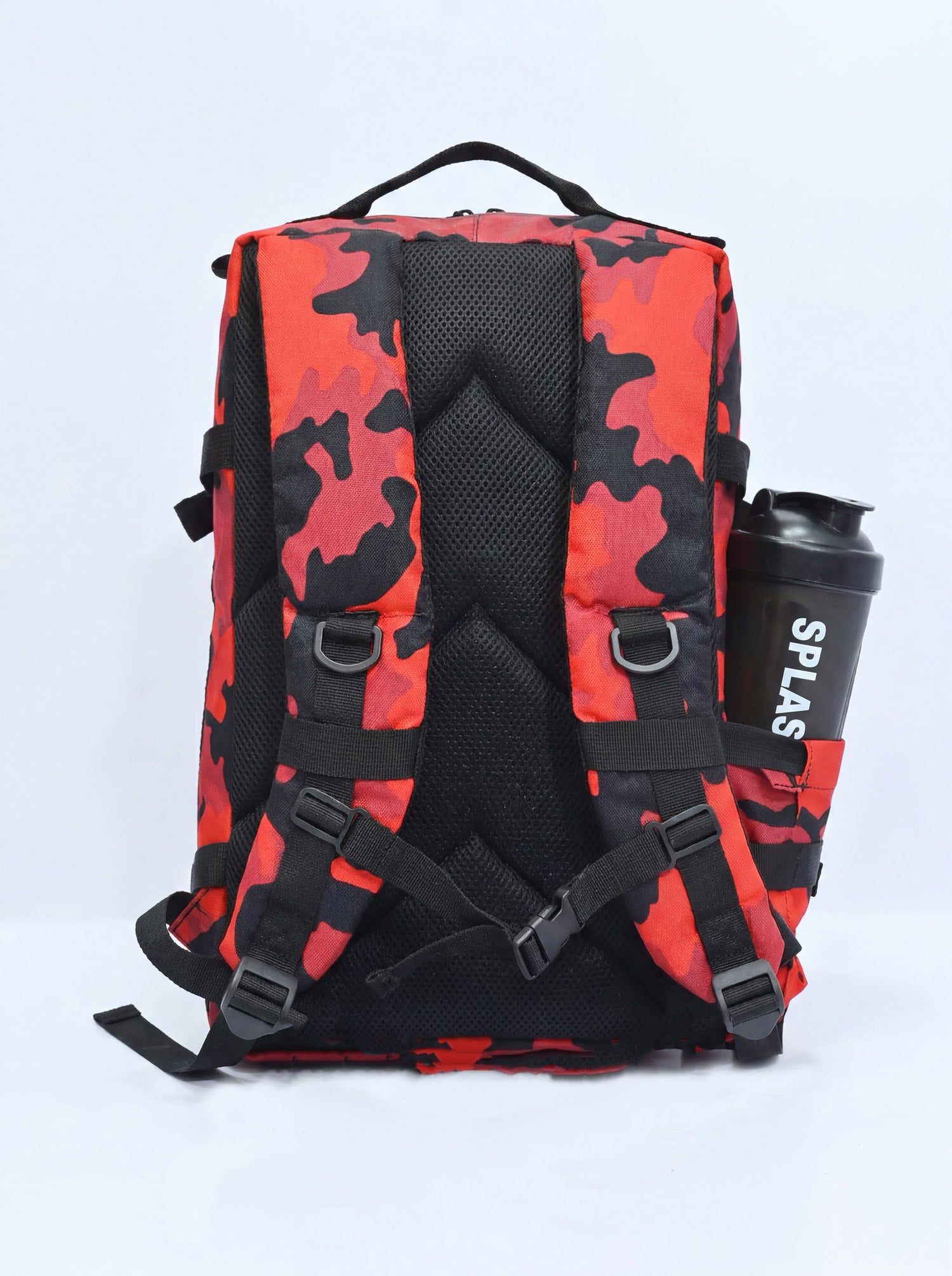 Splash30 Red Camo Backpack 45L back view showing padded straps and sternum buckle