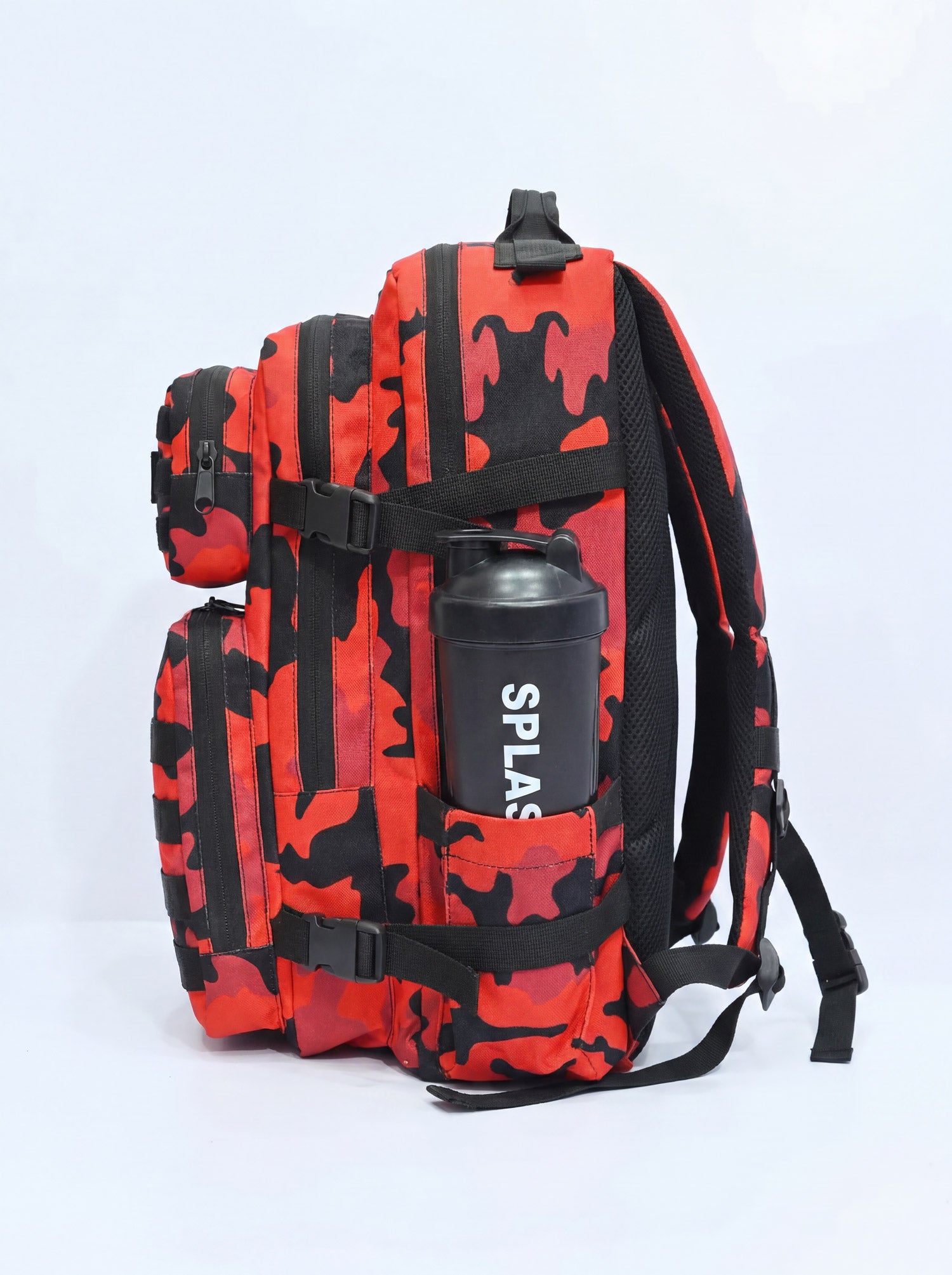Splash30 Red Camo Backpack 45L side view showing mesh bottle pocket