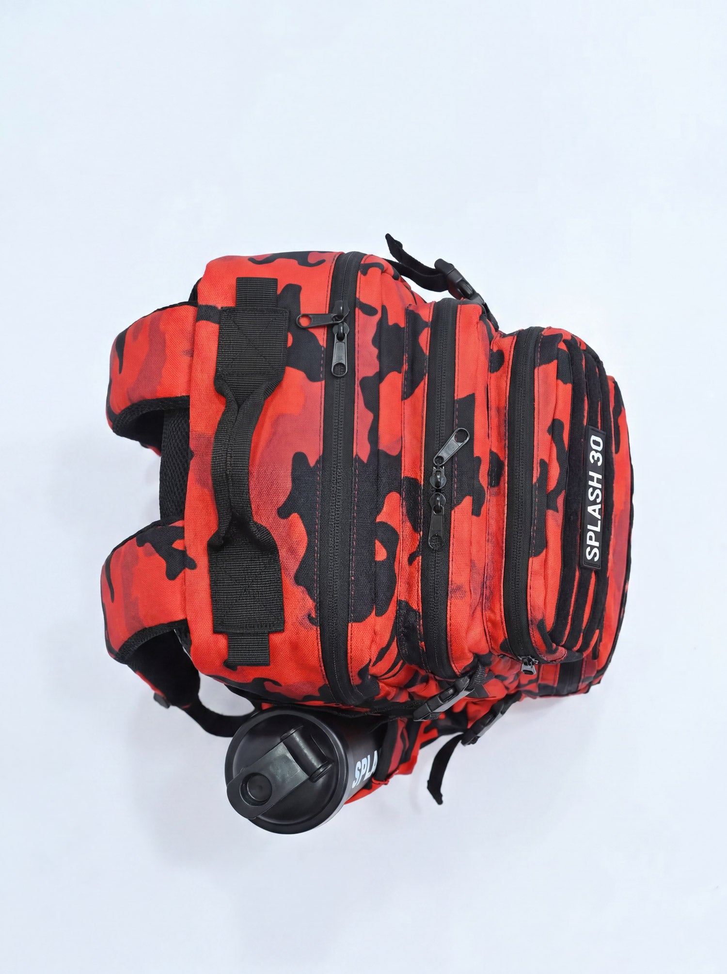 Splash30 Red Camo Backpack 45L top view on white background