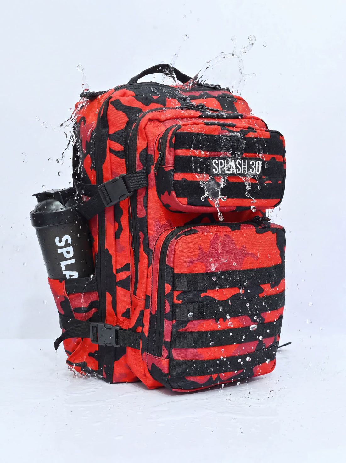 Splash30 Premium Red Camo Backpack 45L front view on white background