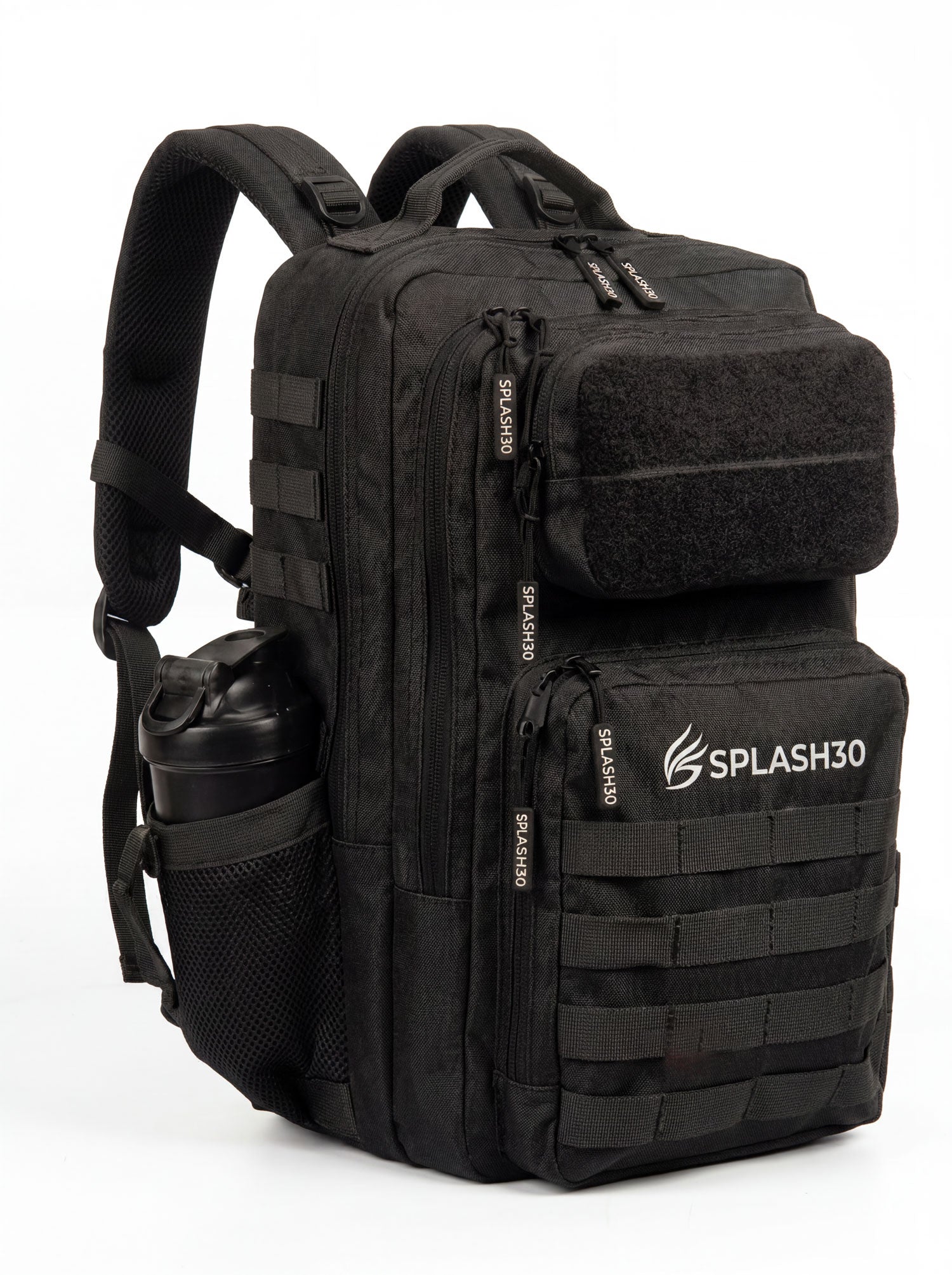Splash30 45L tactical backpack black angled view with MOLLE webbing