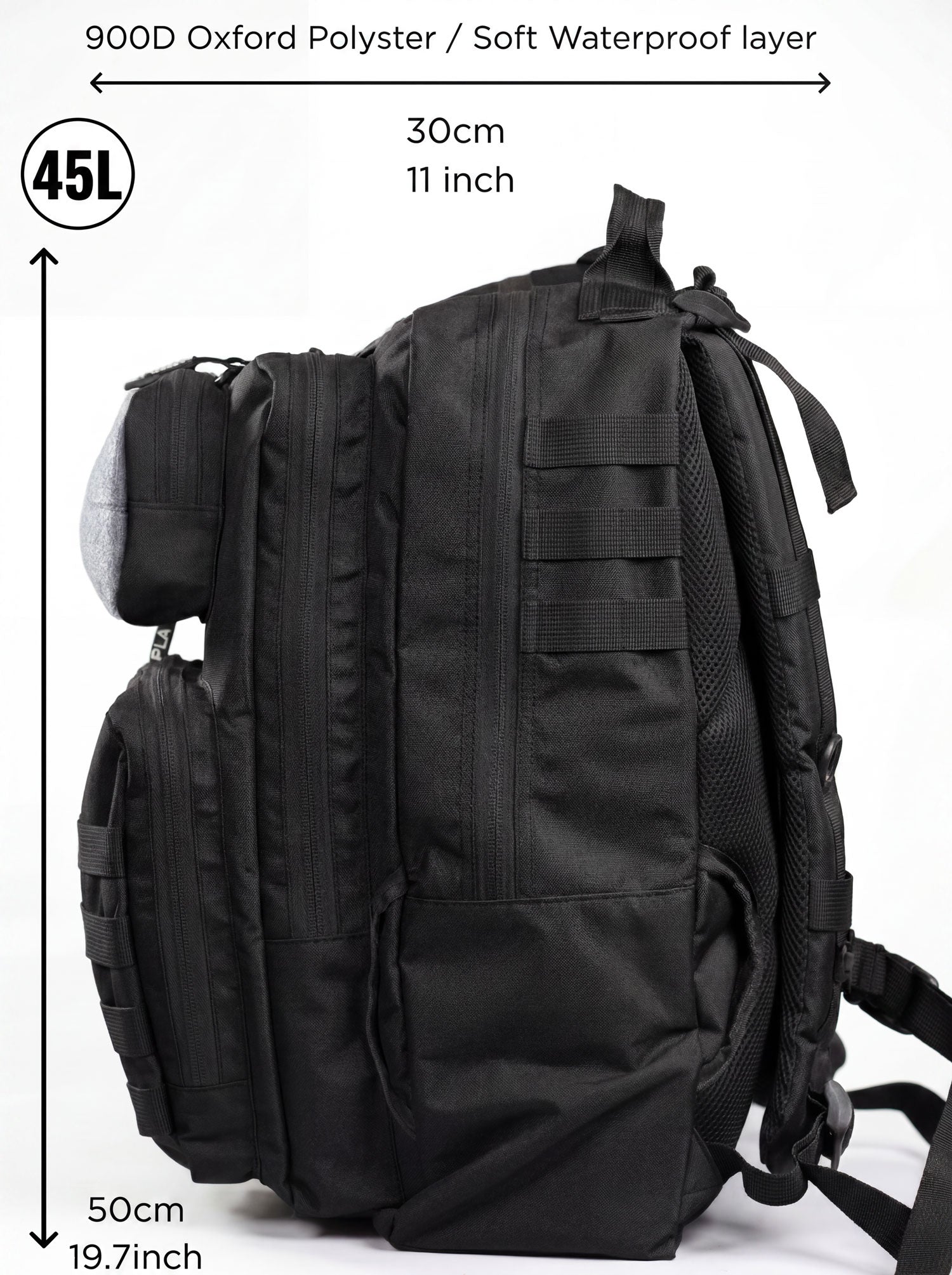 Splash30 45L tactical backpack black side profile with padded straps