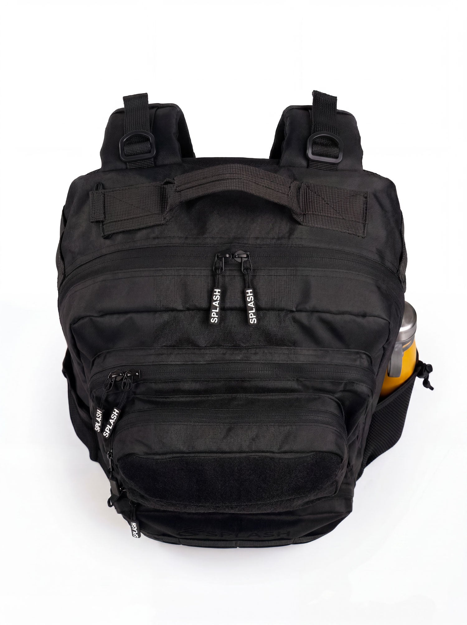 Splash30 tactical backpack 45L black top view showing MOLLE webbing, zipper pulls and side bottle pocket