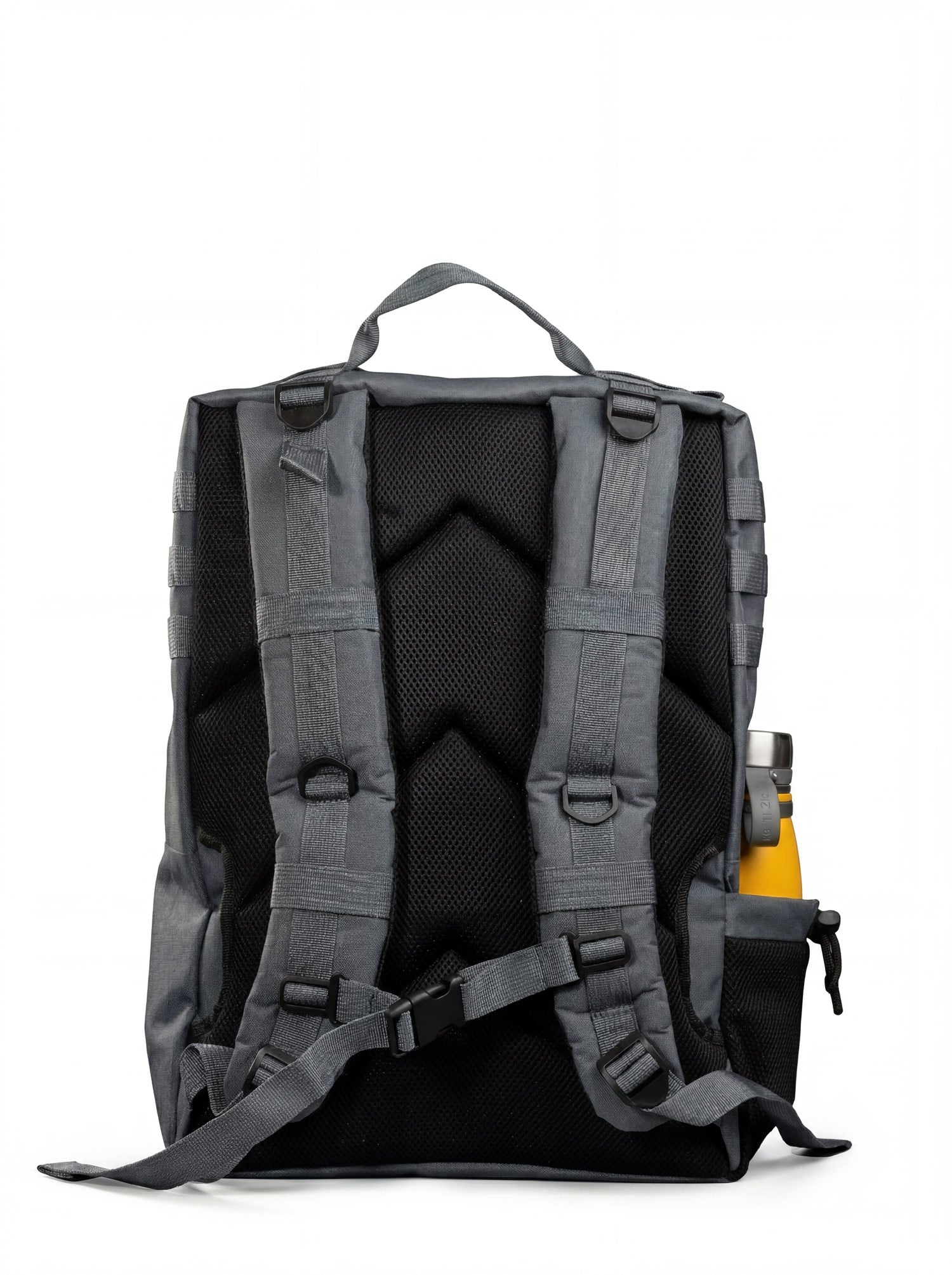 Back of the gray Splash30 tactical backpack with chevron-quilted padded mesh and sternum buckle straps