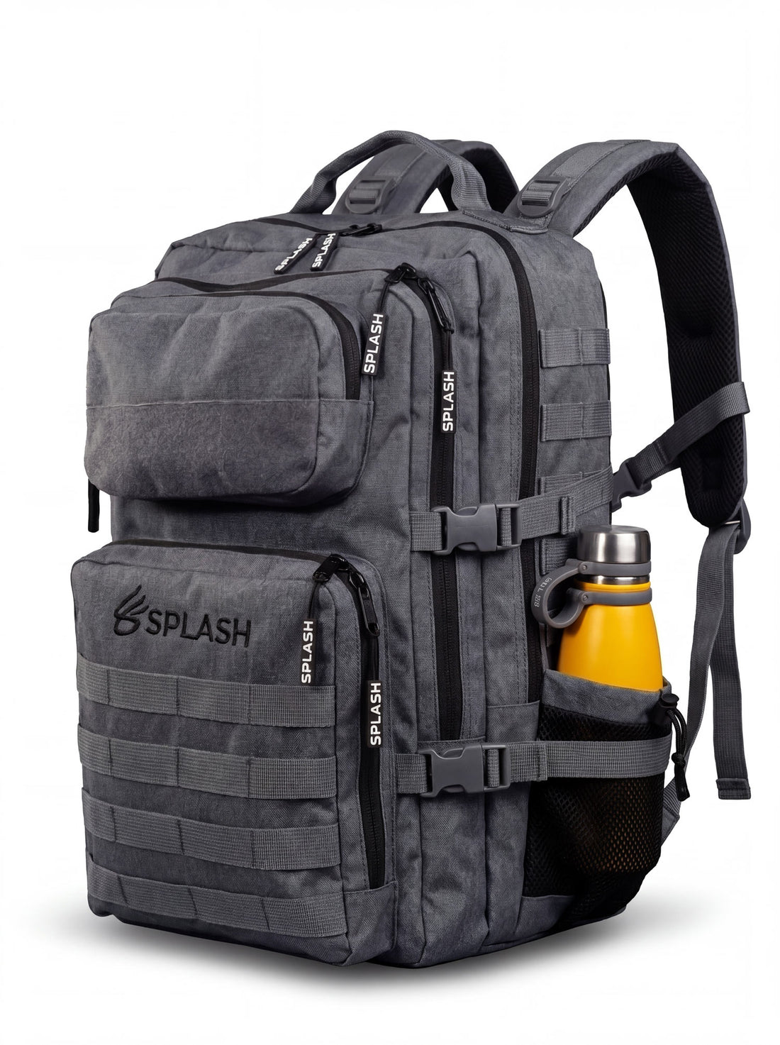 Splash30 45L tactical backpack in gray, front view with MOLLE webbing and fleece patch panel