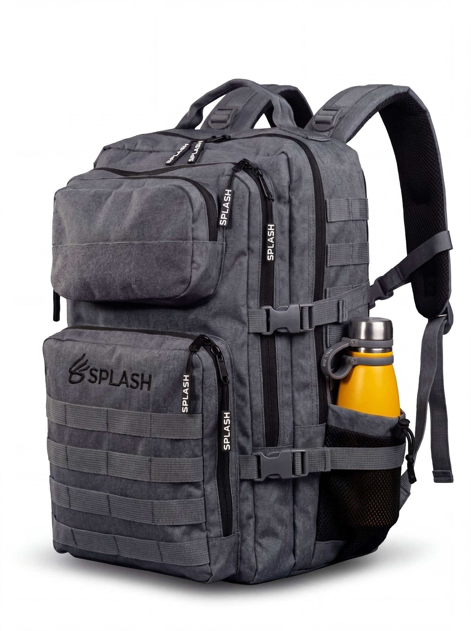 Front-angle view of the gray 45L tactical backpack showing MOLLE rows and embroidered Splash logo