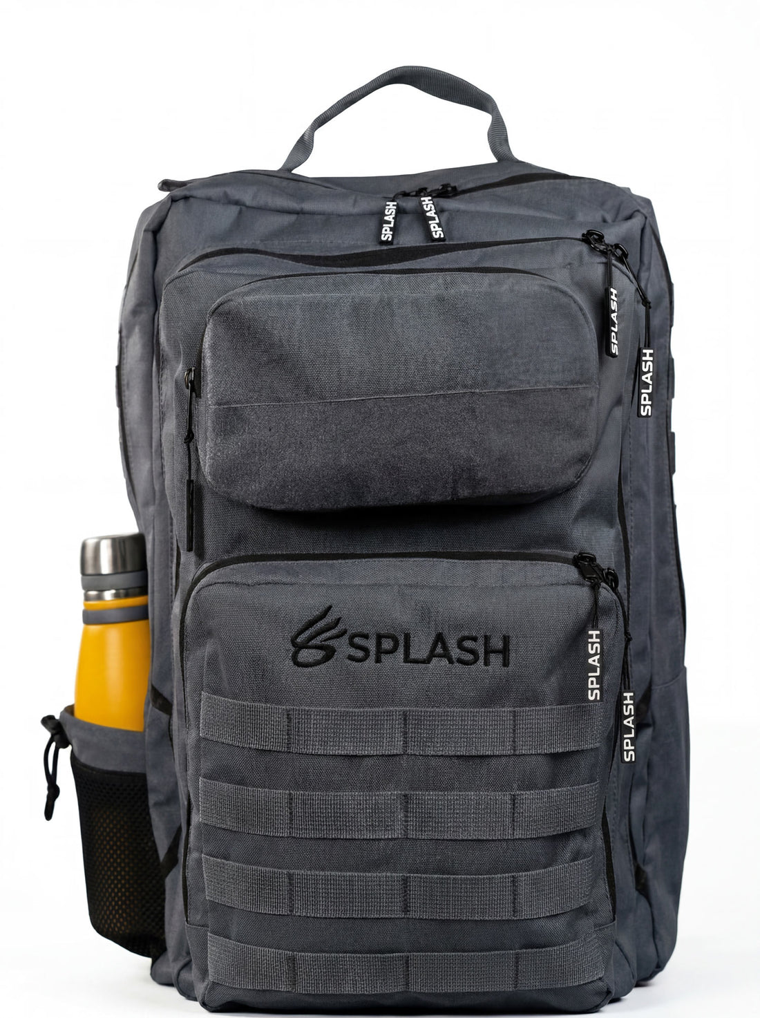 Splash30 45L tactical backpack in gray, front view with MOLLE webbing and fleece patch panel