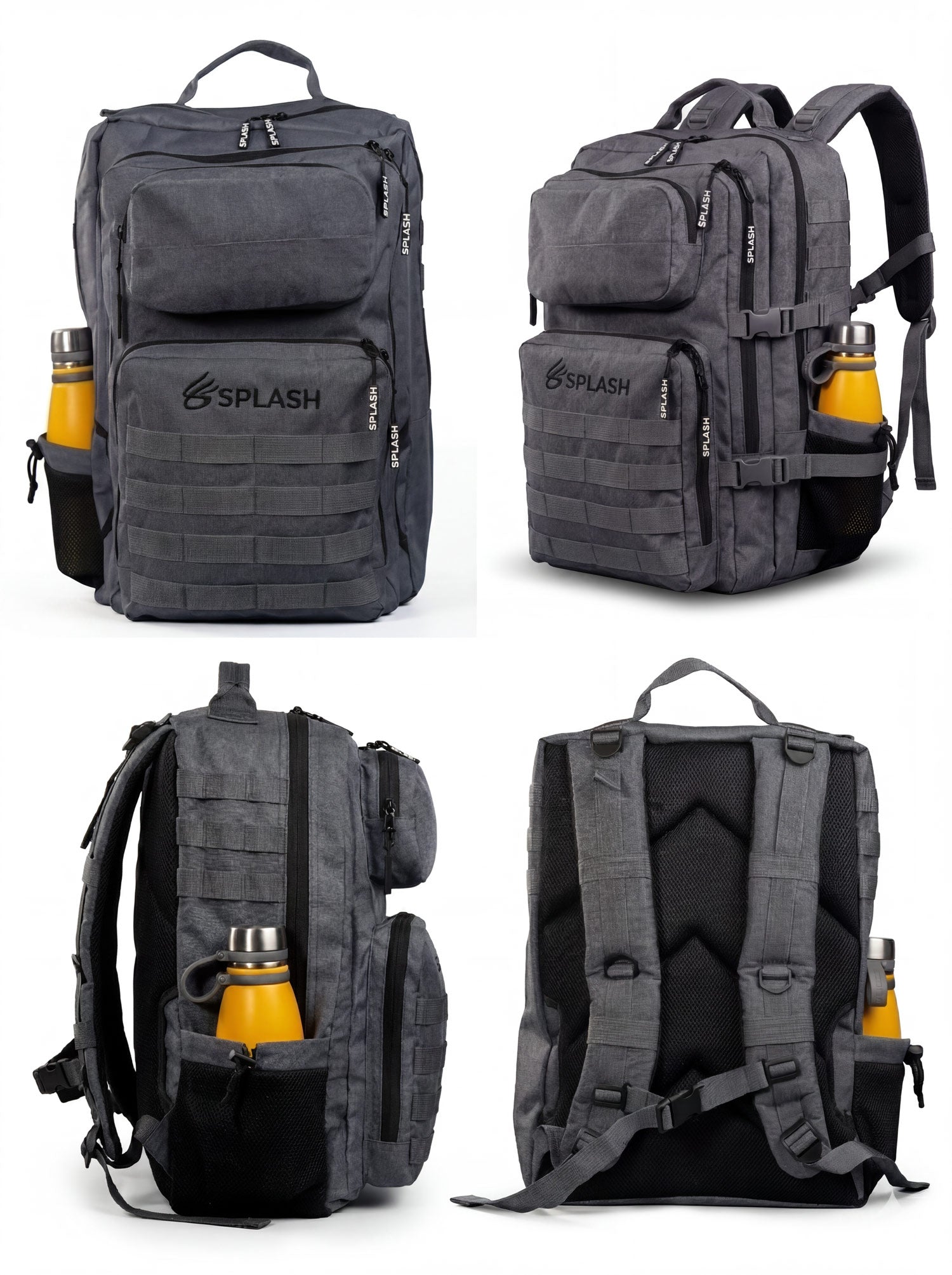 Gray Splash30 45L tactical backpack shown from four angles — front, side and back with MOLLE webbing and bottle pocket
