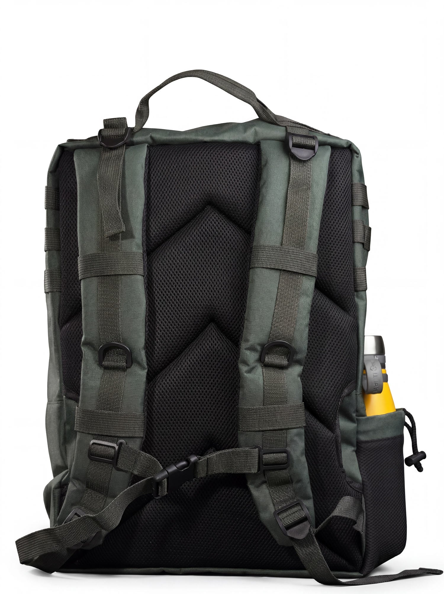 Back of the green Splash30 tactical backpack showing chevron-quilted padded mesh and sternum buckle straps