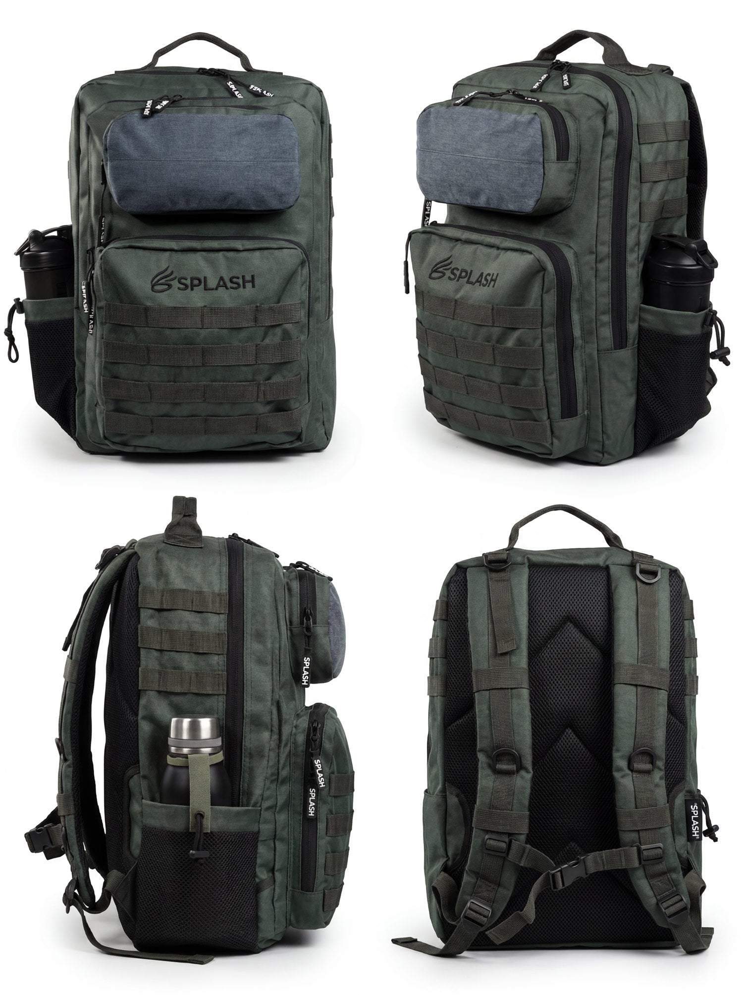 Detail collage of the green tactical backpack — pockets, zippers, patch panel and MOLLE close-ups