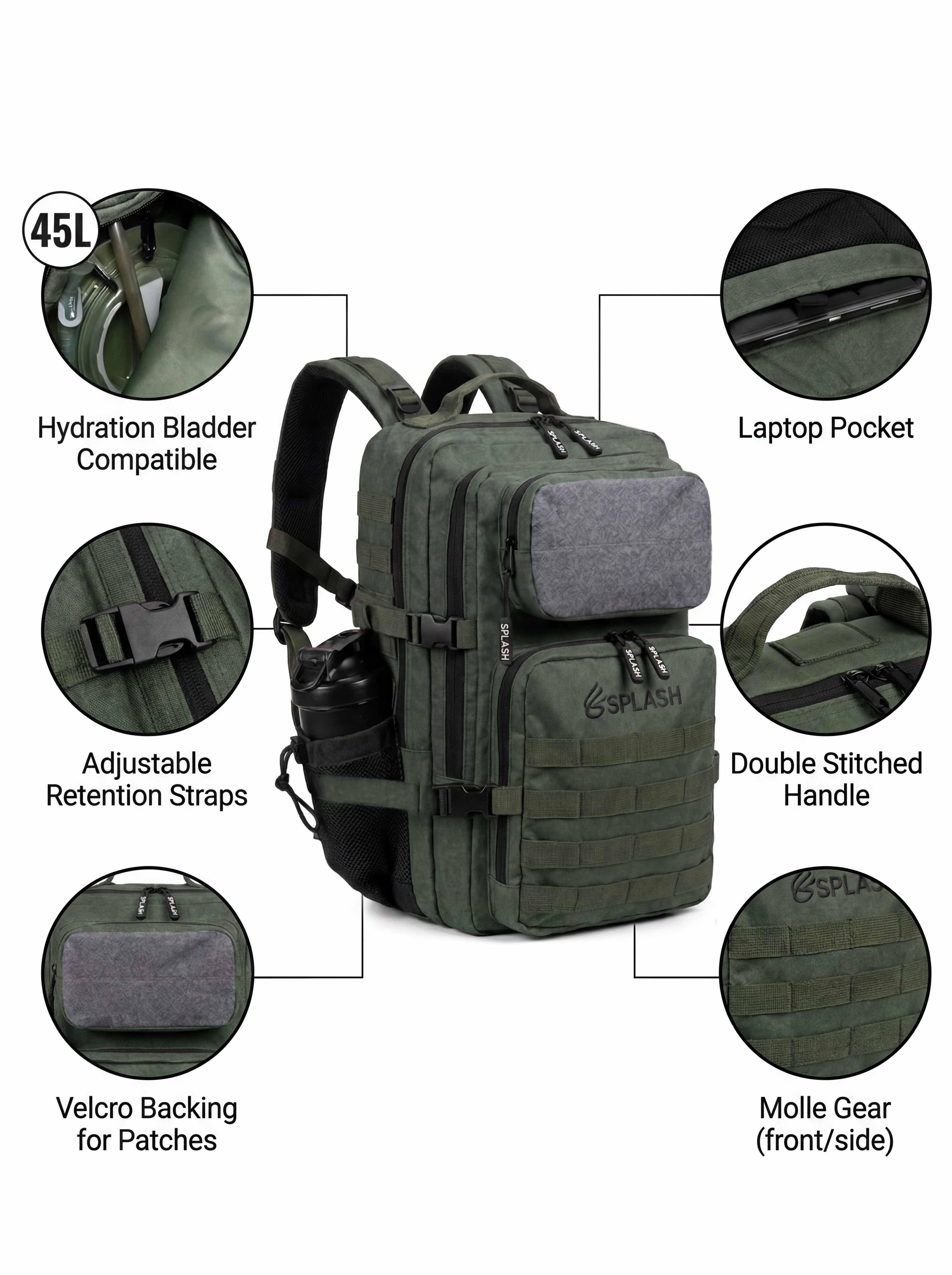 Splash30 45L green tactical backpack feature overview — laptop pocket, MOLLE webbing, hydration bladder compatible, adjustable straps