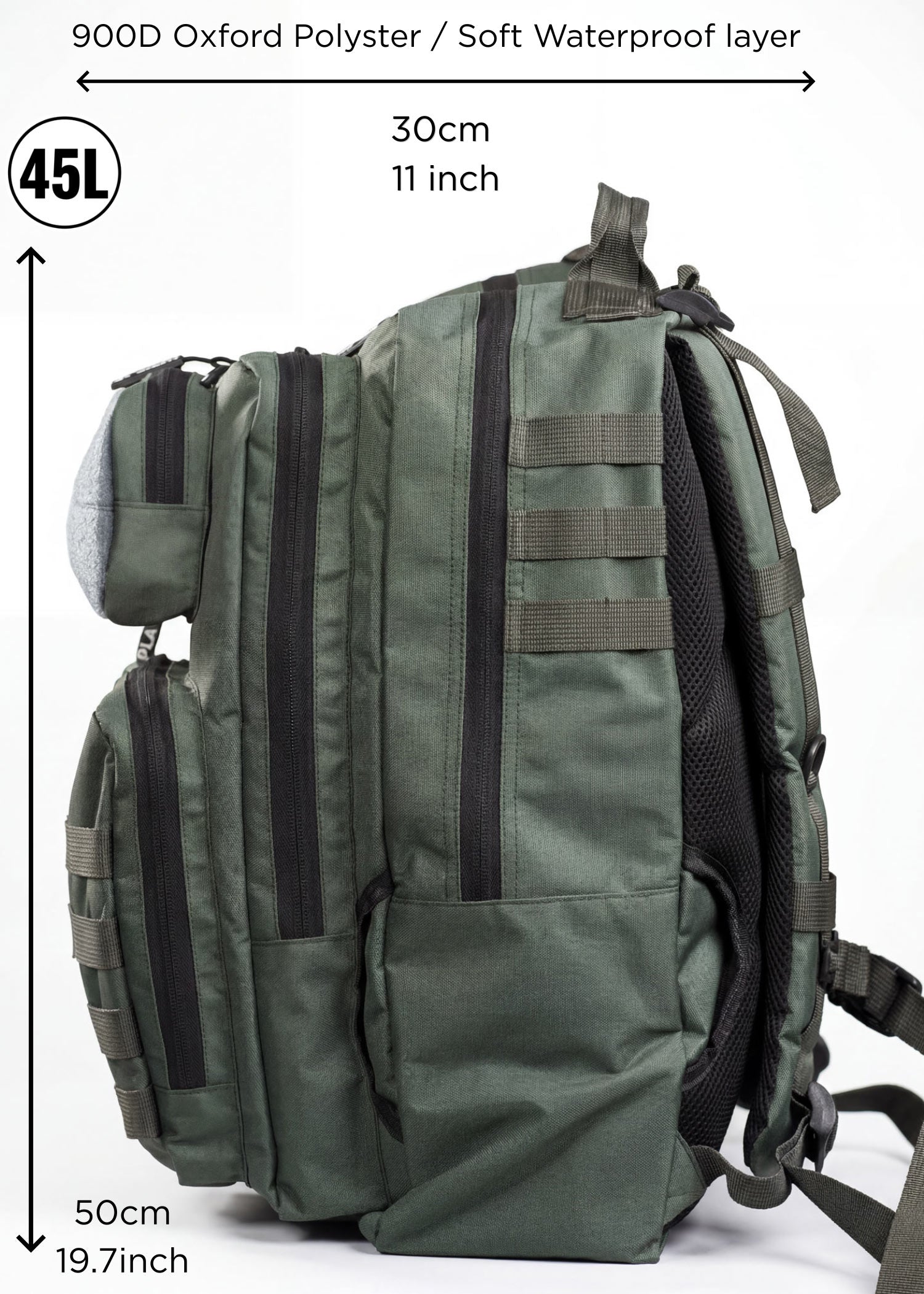 Green tactical backpack features overview — capacity, pockets, MOLLE webbing and laptop sleeve