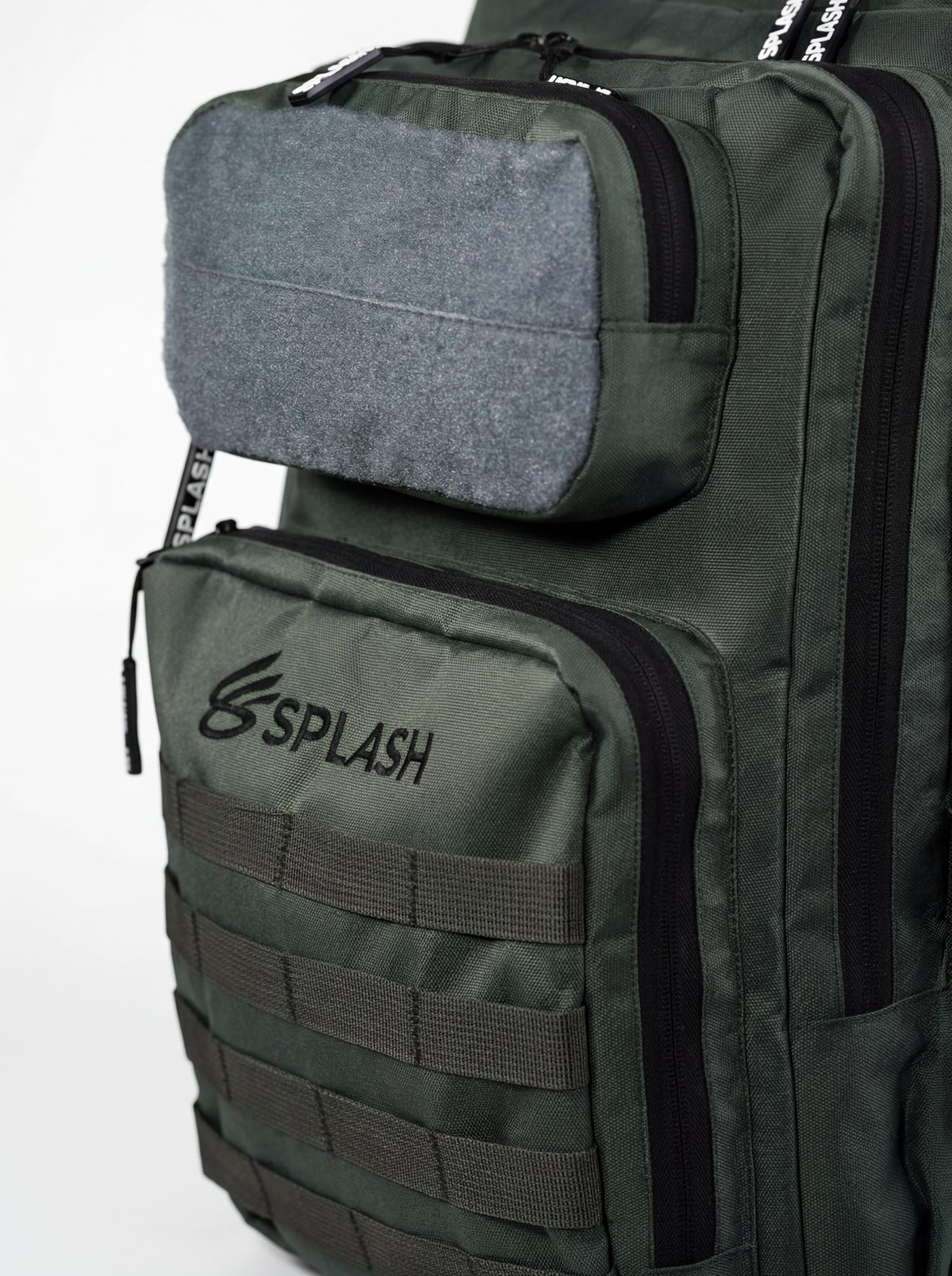 Front-angle view of the green 45L tactical backpack showing MOLLE rows and embroidered Splash logo