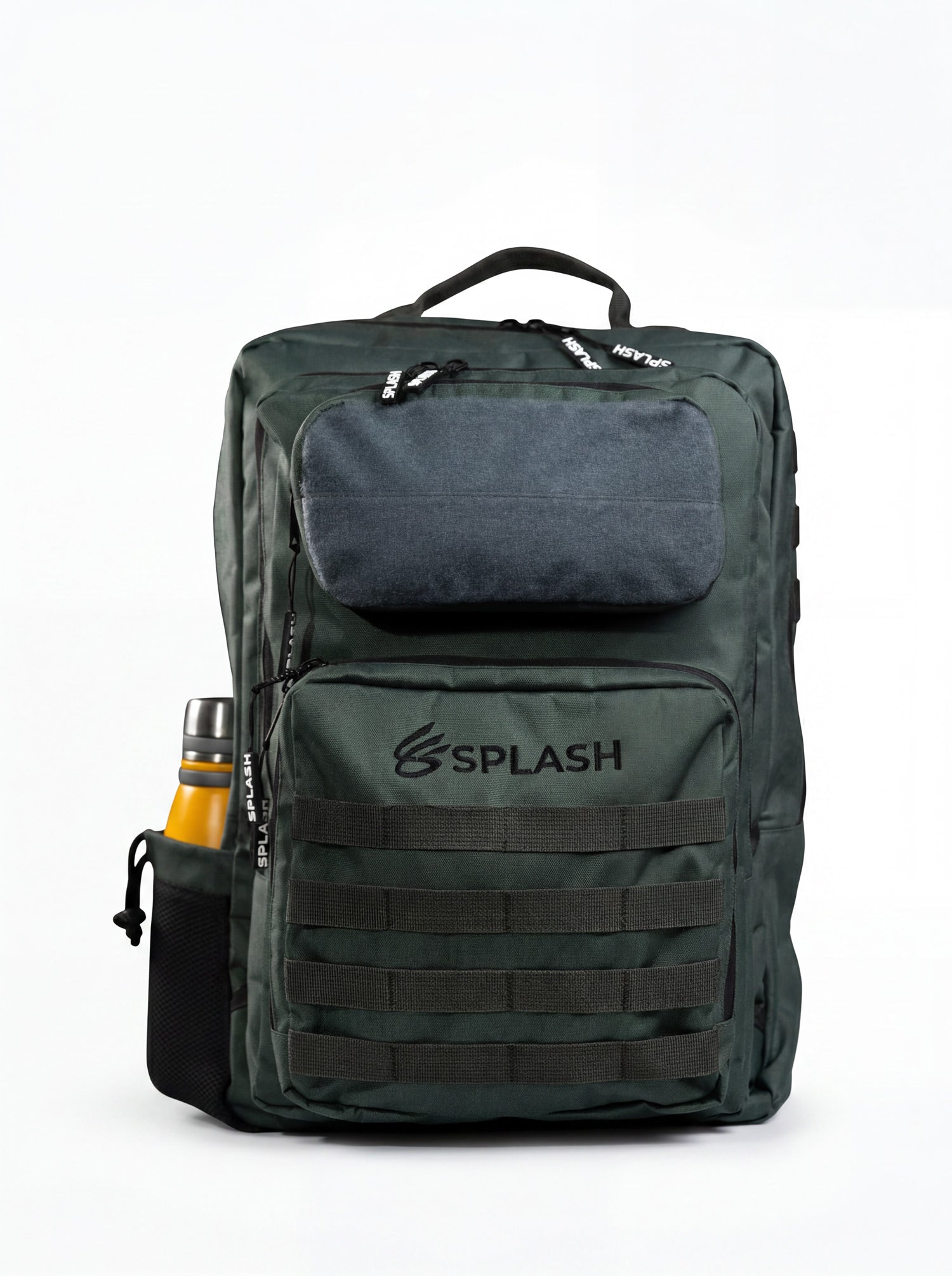 Splash30 45L tactical backpack in green, front view with MOLLE webbing and fleece patch panel